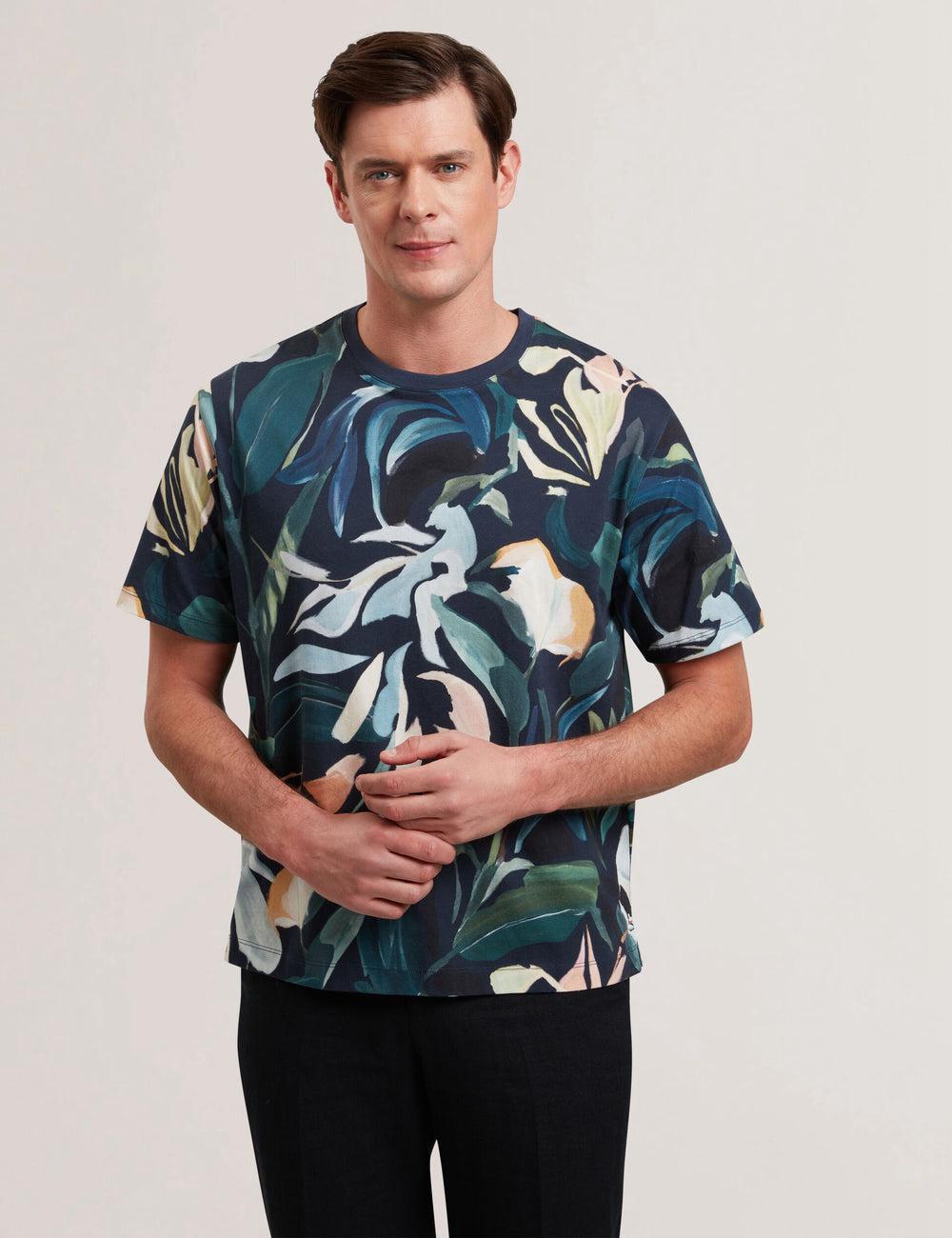 Black Ted Baker ALMOI - Floral Print Pure Cotton Men T-Shirts | SG  8530-PRVKM