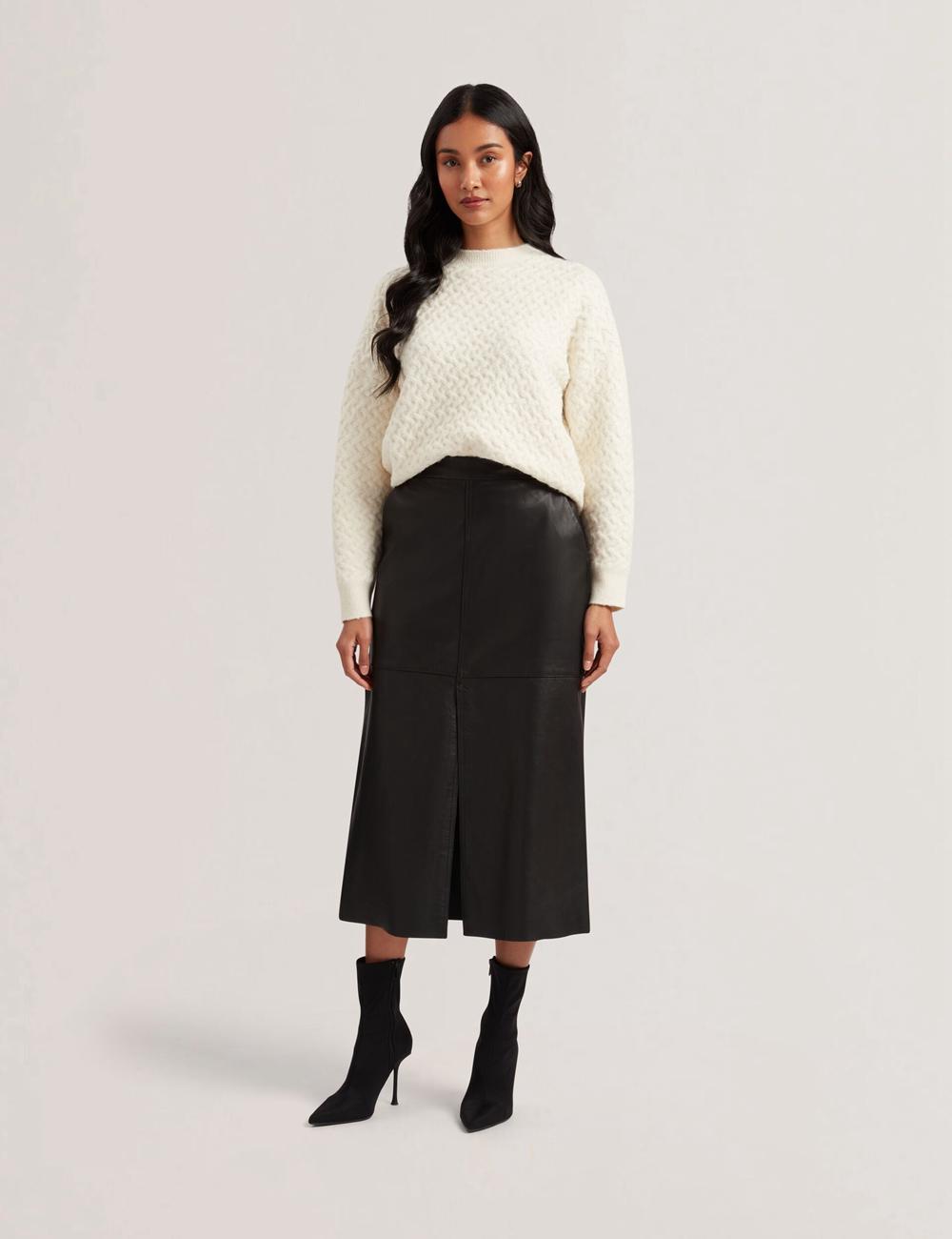 Black Ted Baker AOTO - Leather Pencil With Seam Detail Women Midi Skirts | SG  9046-UHLDB