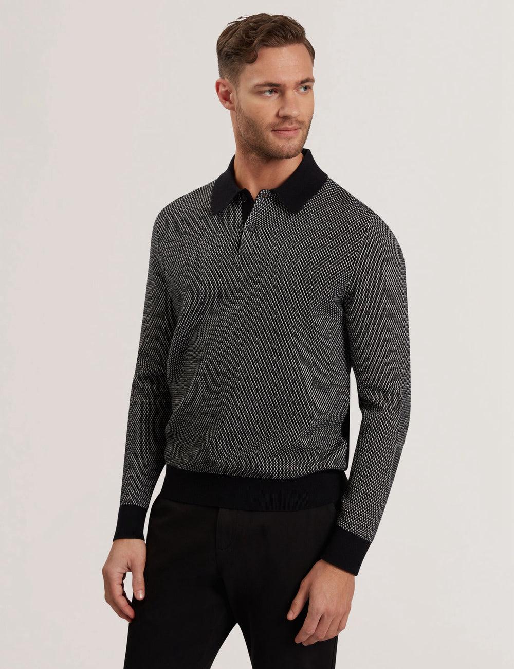 Black Ted Baker ARDO - Textured Knit Long Sleeve Men Polos Shirts | SG  6357-HMXOA