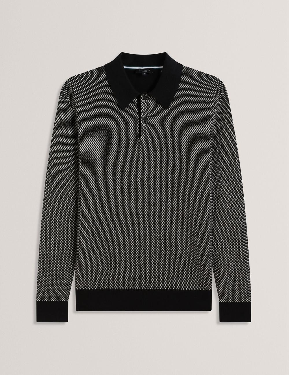 Black Ted Baker ARDO - Textured Knit Long Sleeve Men Polos Shirts | SG  6357-HMXOA