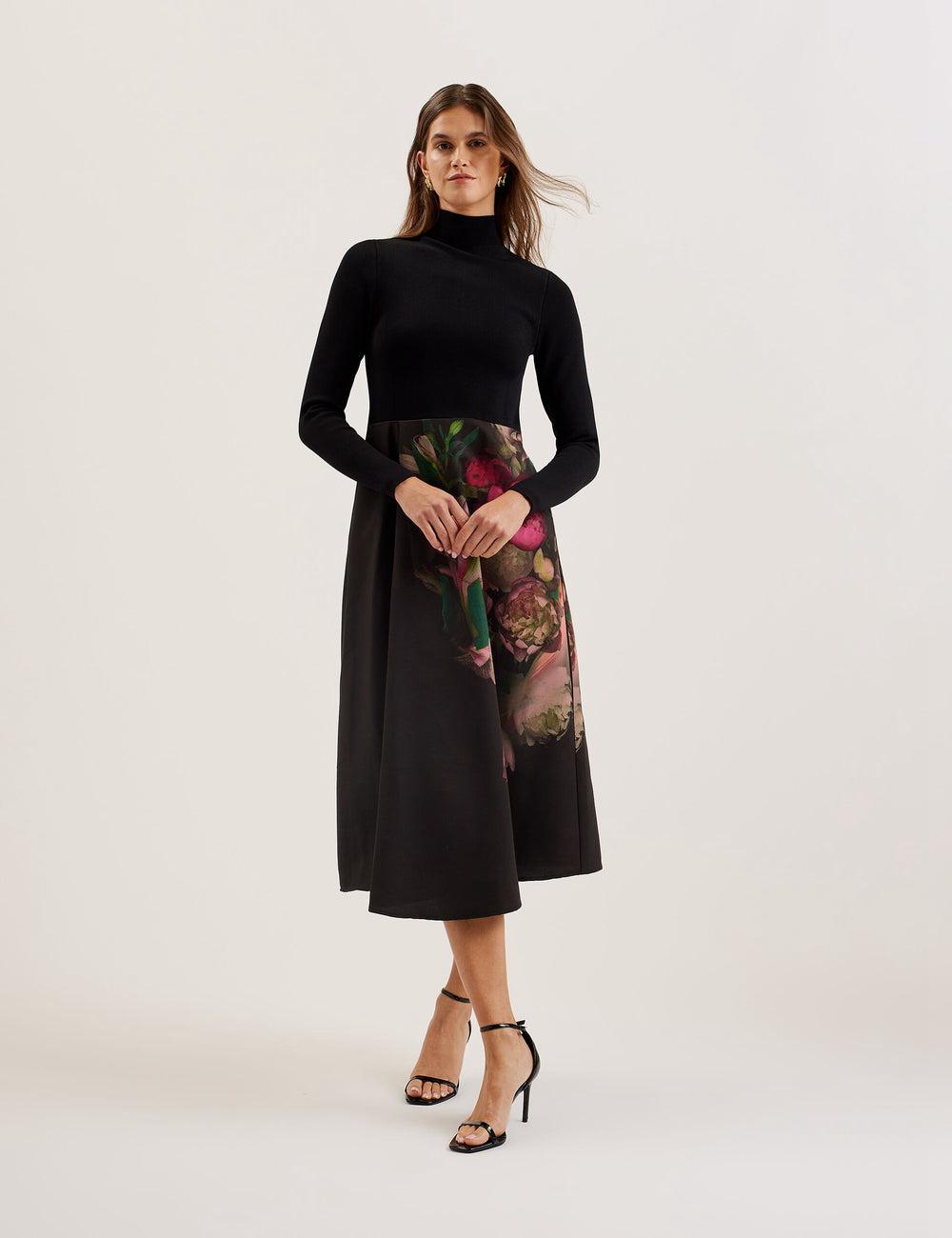 Black Ted Baker ASNES - Knit Bodice With Printed Skirt Women Midi Dresses | SG  7816-XCNWH