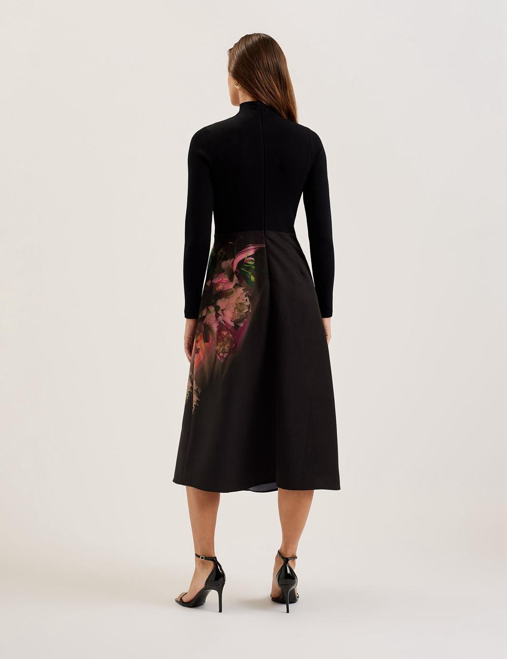 Black Ted Baker ASNES - Knit Bodice With Printed Skirt Women Midi Dresses | SG  7816-XCNWH