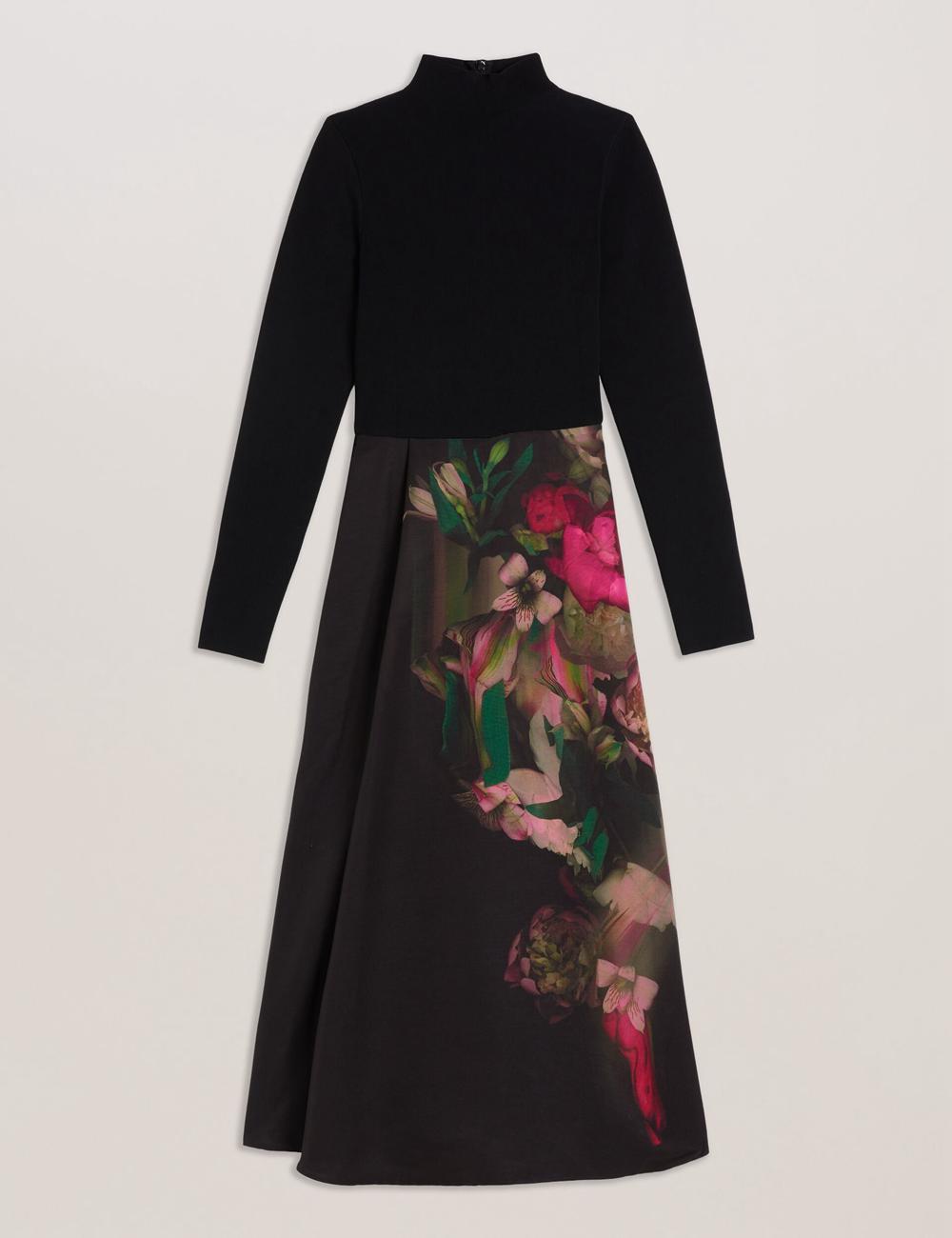 Black Ted Baker ASNES - Knit Bodice With Printed Skirt Women Midi Dresses | SG  7816-XCNWH