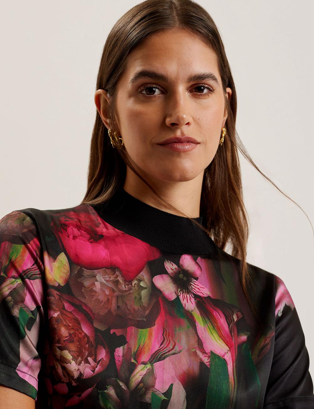 Black Ted Baker ASTHAA - Floral Woven Front Short Sleeve Top Women Blouses | SG  3467-PHLRJ