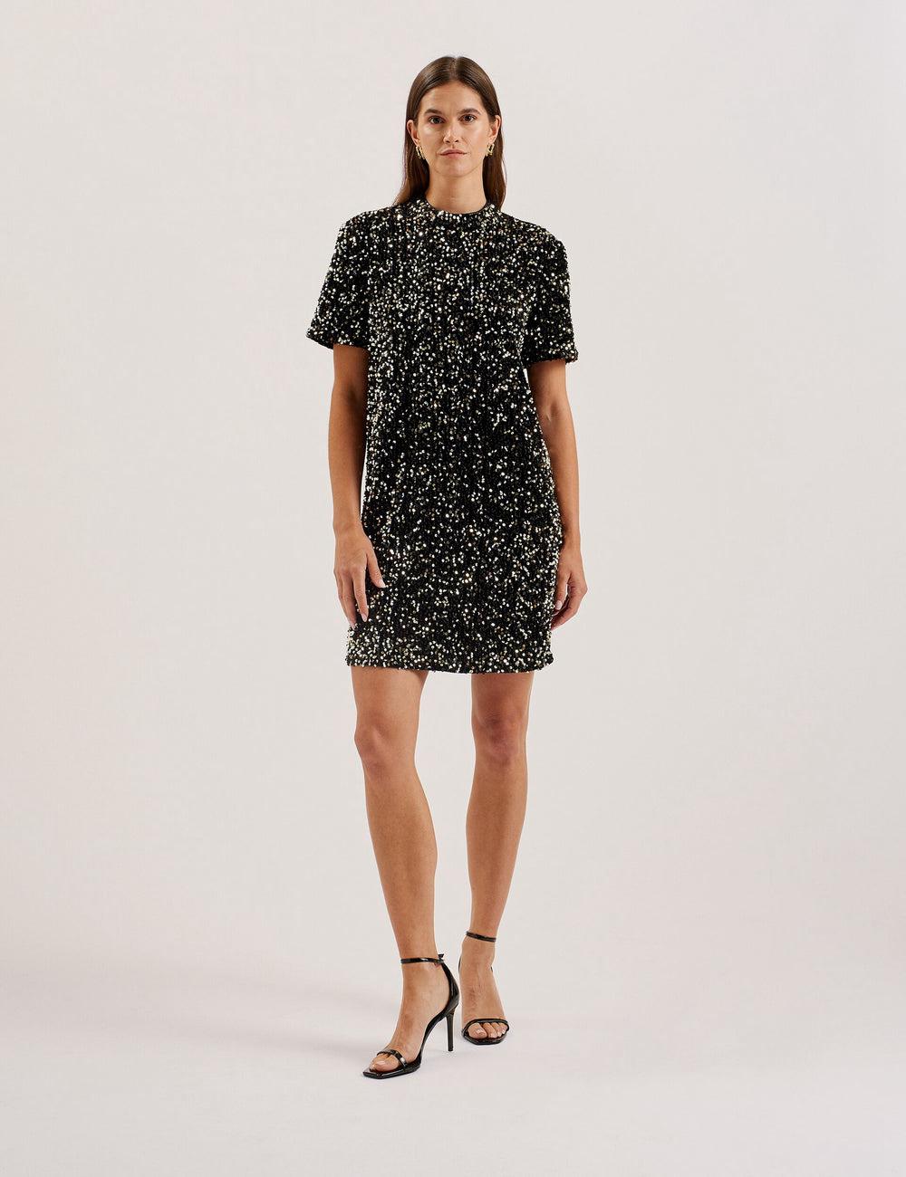 Black Ted Baker AUDRIYY - Sequin Embellished Velvet Shift Women Mini Dresses | SG  5136-CPARD