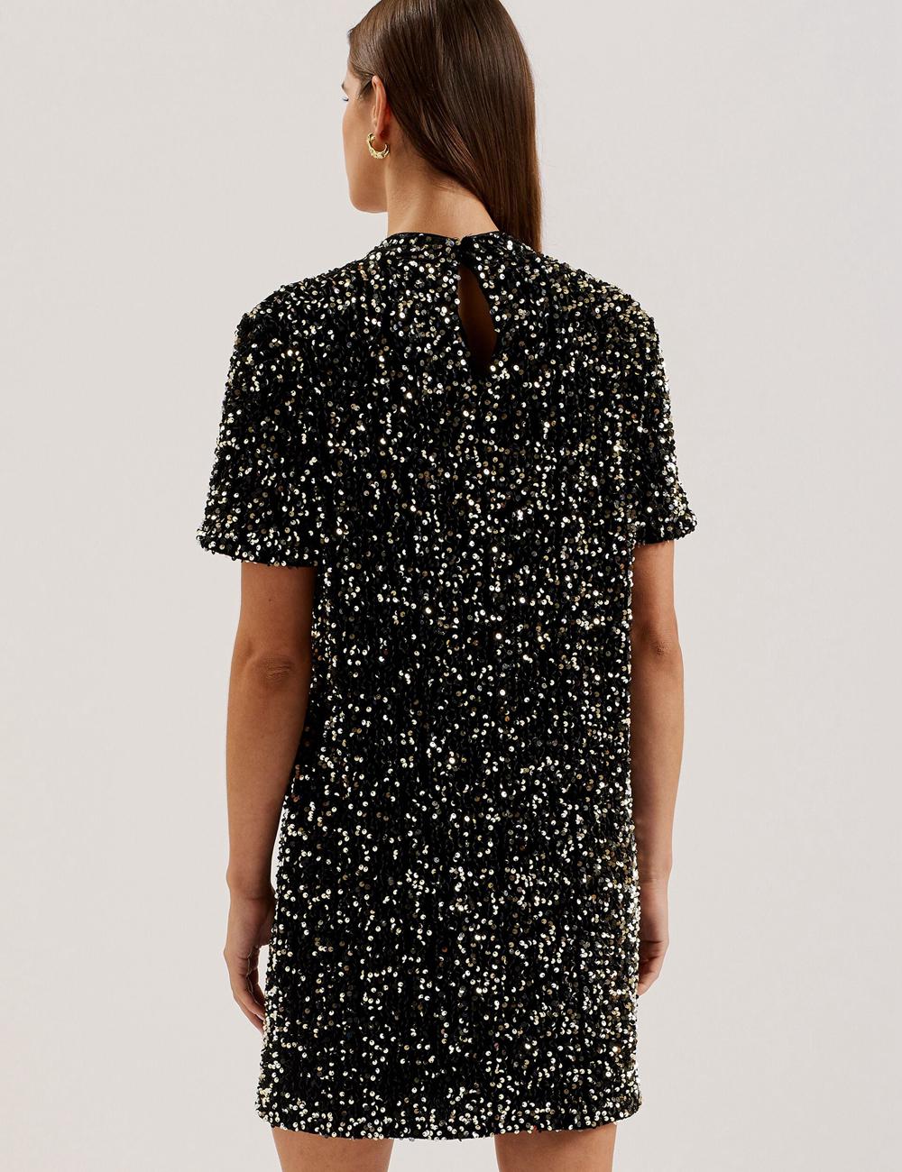Black Ted Baker AUDRIYY - Sequin Embellished Velvet Shift Women Mini Dresses | SG  5136-CPARD