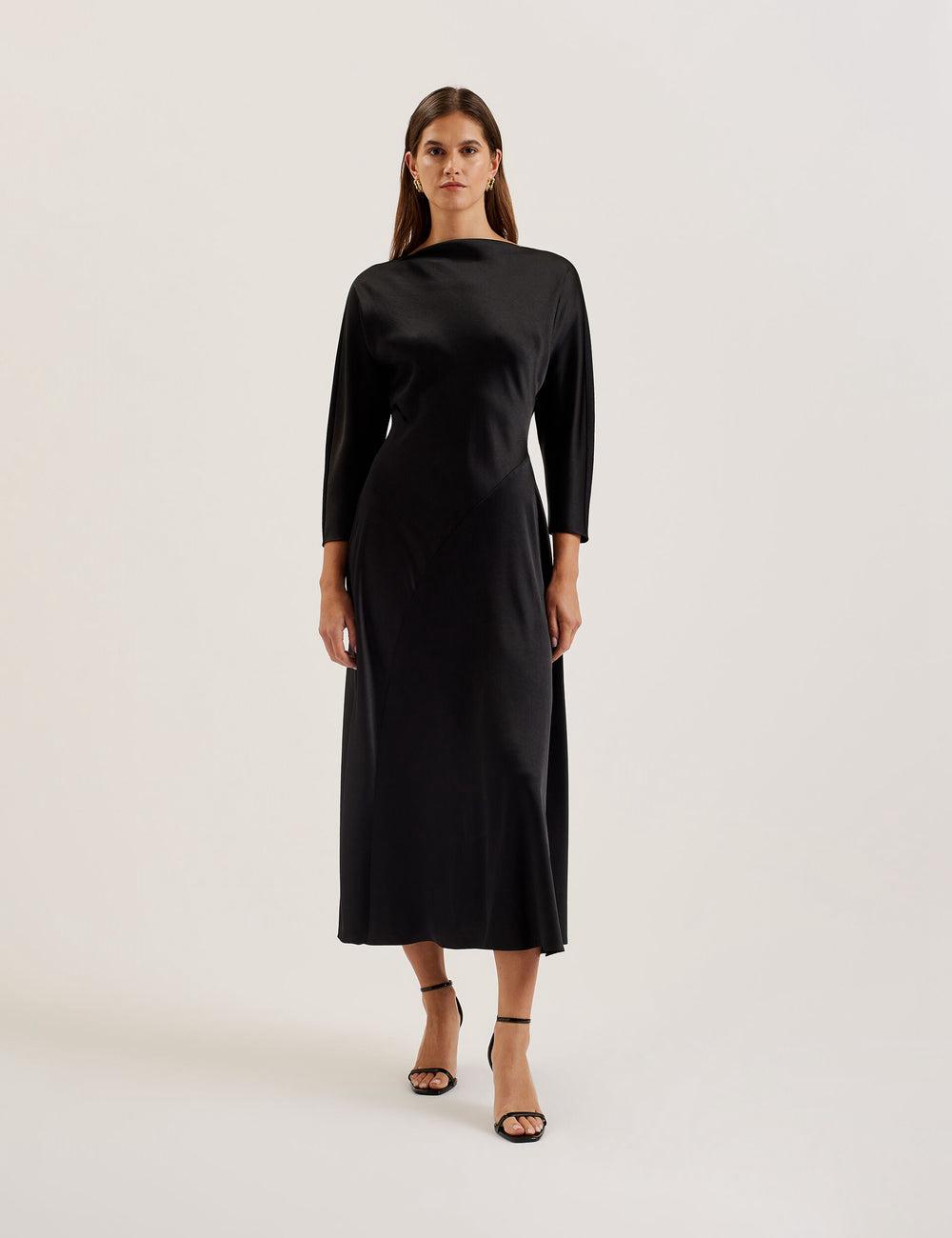Black Ted Baker AVELLI - Satin Boat Neck A-Line Women Midi Dresses | SG  2687-ATQDC
