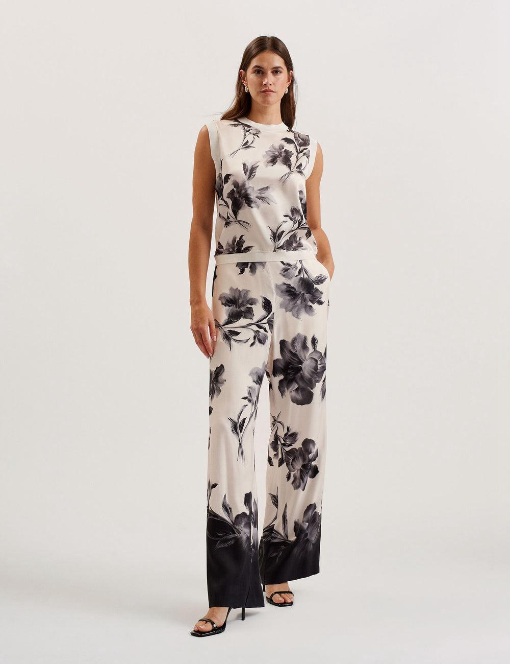 Black Ted Baker AWYNA - Floral Print Pull-On Wide Leg Women Trousers | SG  8371-KQDWR