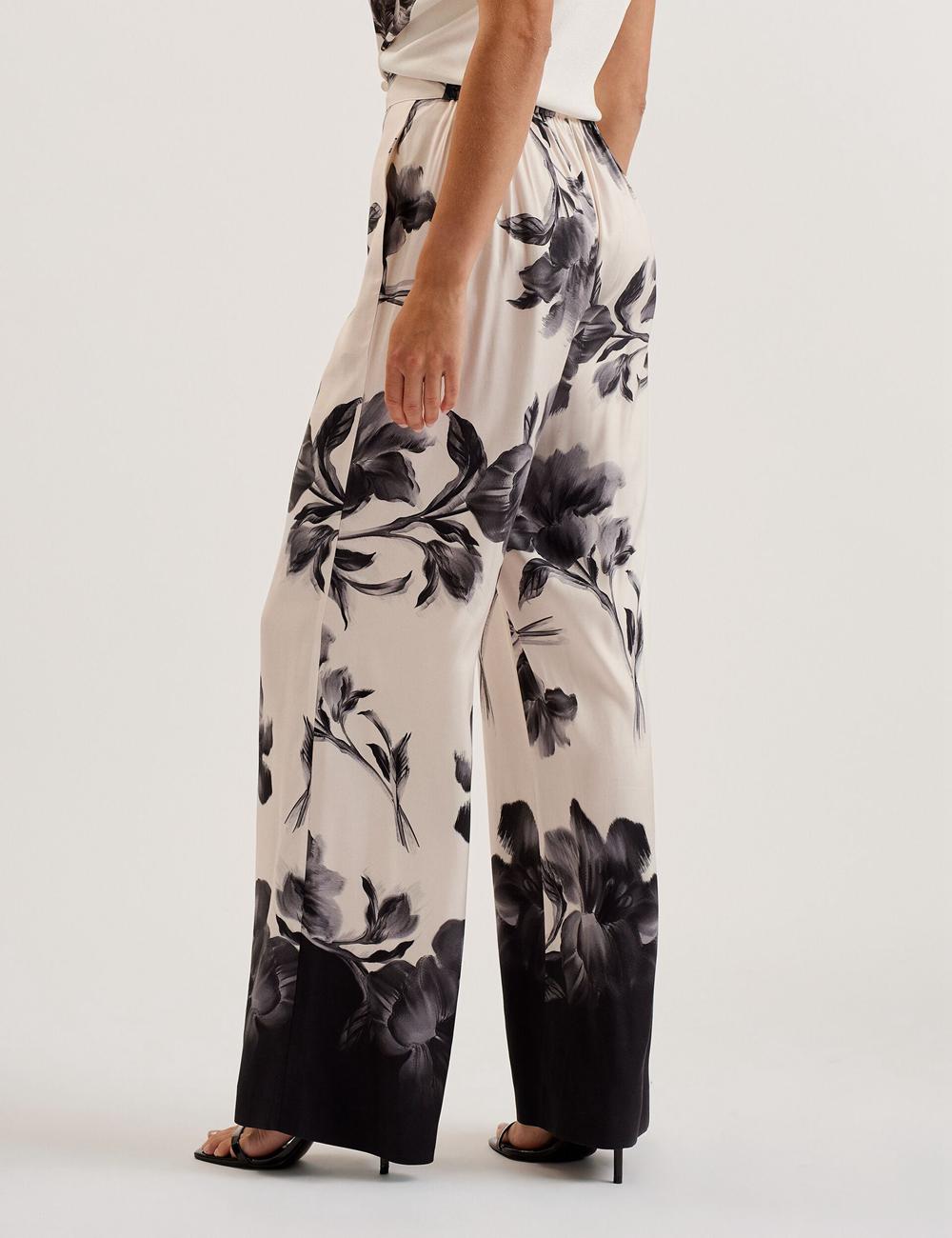Black Ted Baker AWYNA - Floral Print Pull-On Wide Leg Women Trousers | SG  8371-KQDWR