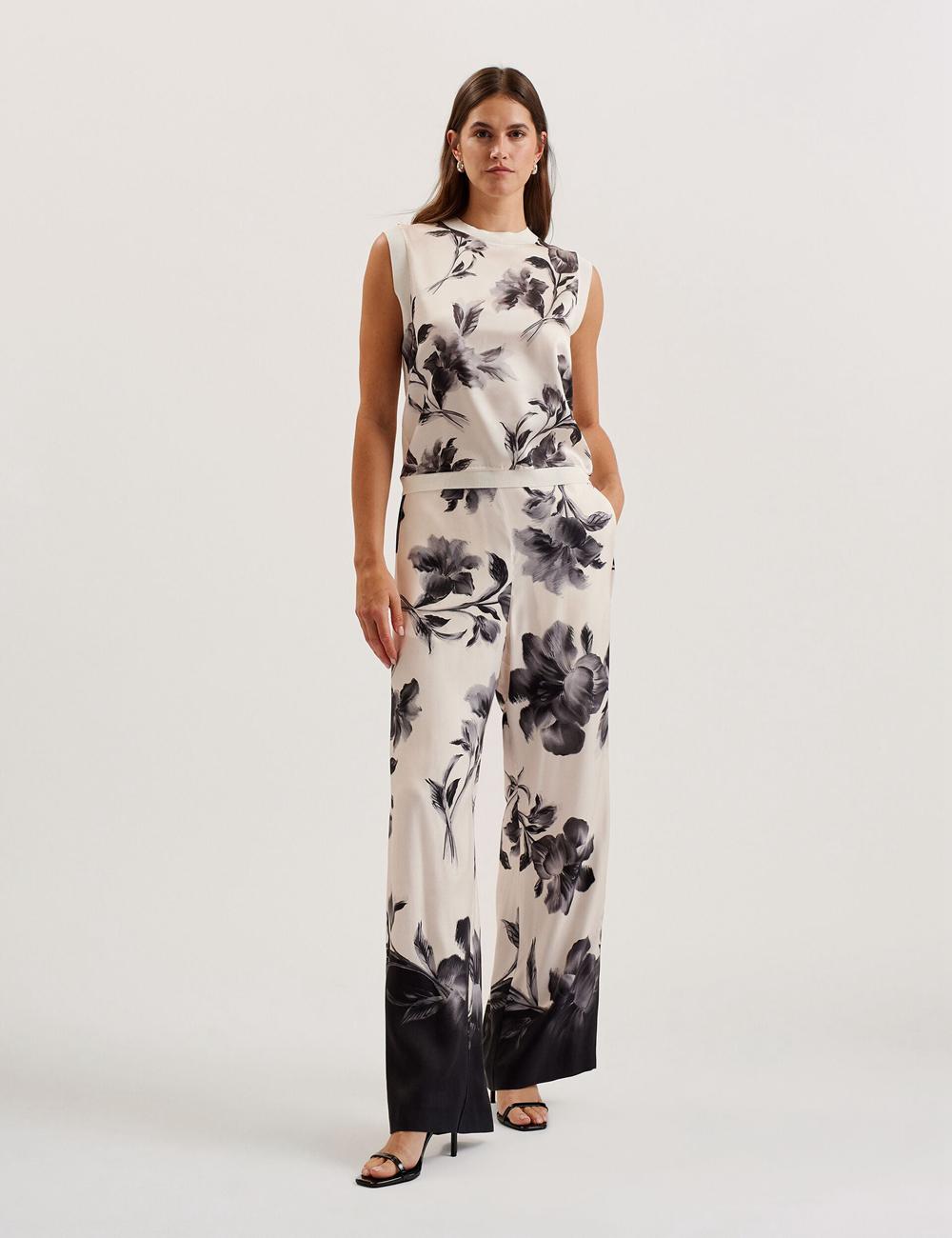 Black Ted Baker AWYNA - Floral Print Pull-On Wide Leg Women Trousers | SG  8371-KQDWR