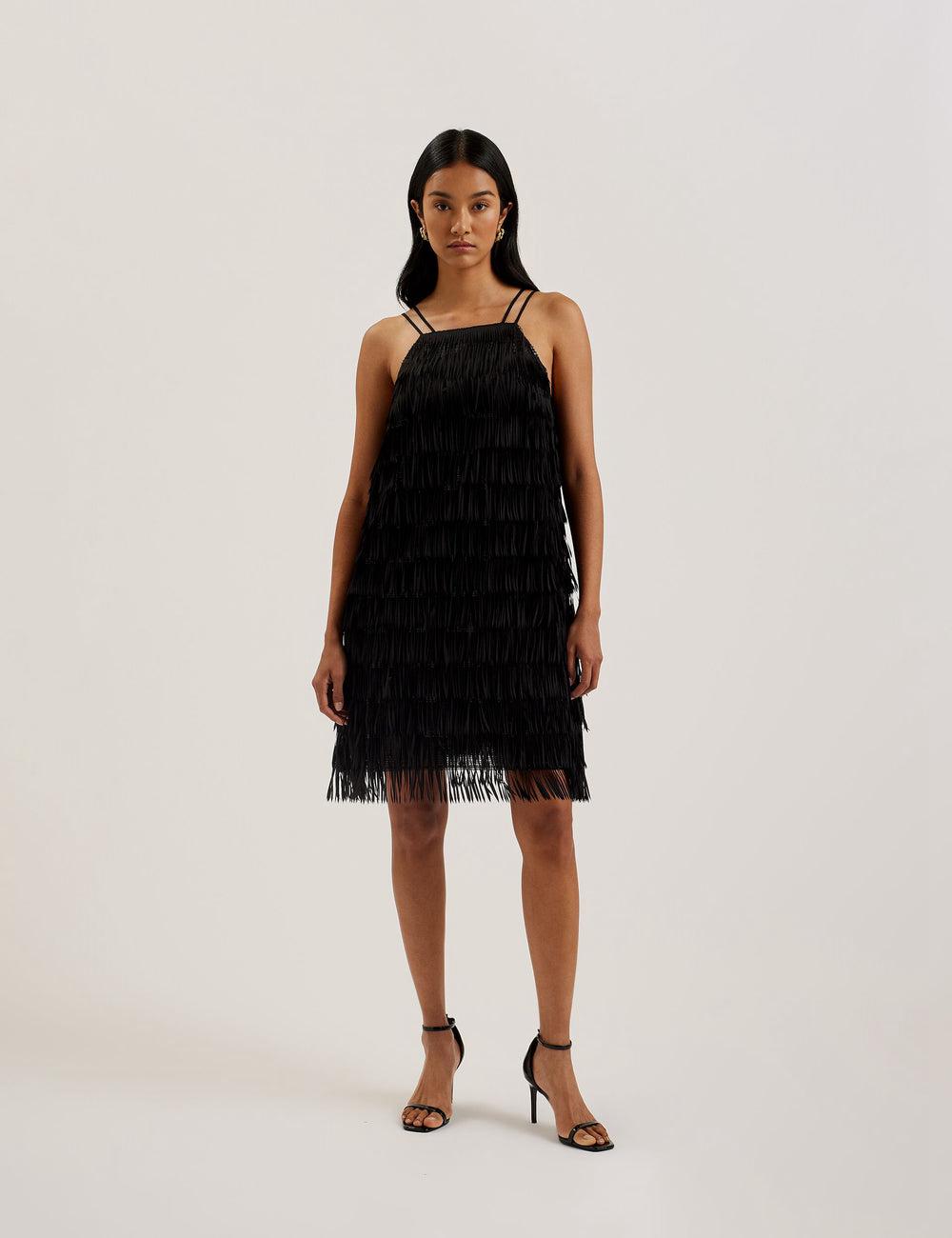 Black Ted Baker BARTIN - Fringed Sequin Halter Strap Women Mini Dresses | SG  6091-NLHAB