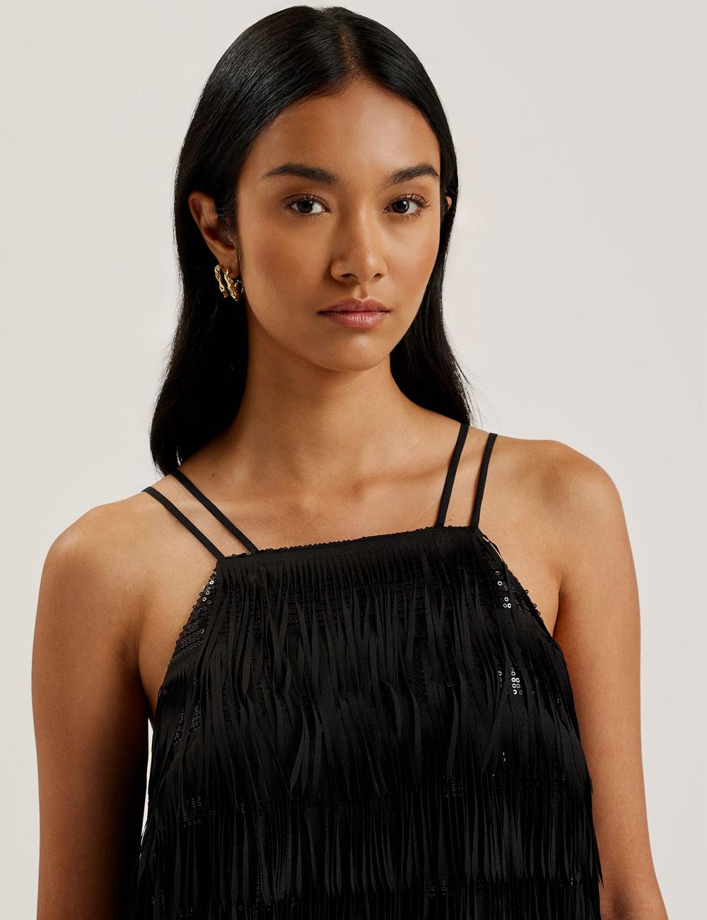 Black Ted Baker BARTIN - Fringed Sequin Halter Strap Women Mini Dresses | SG  6091-NLHAB