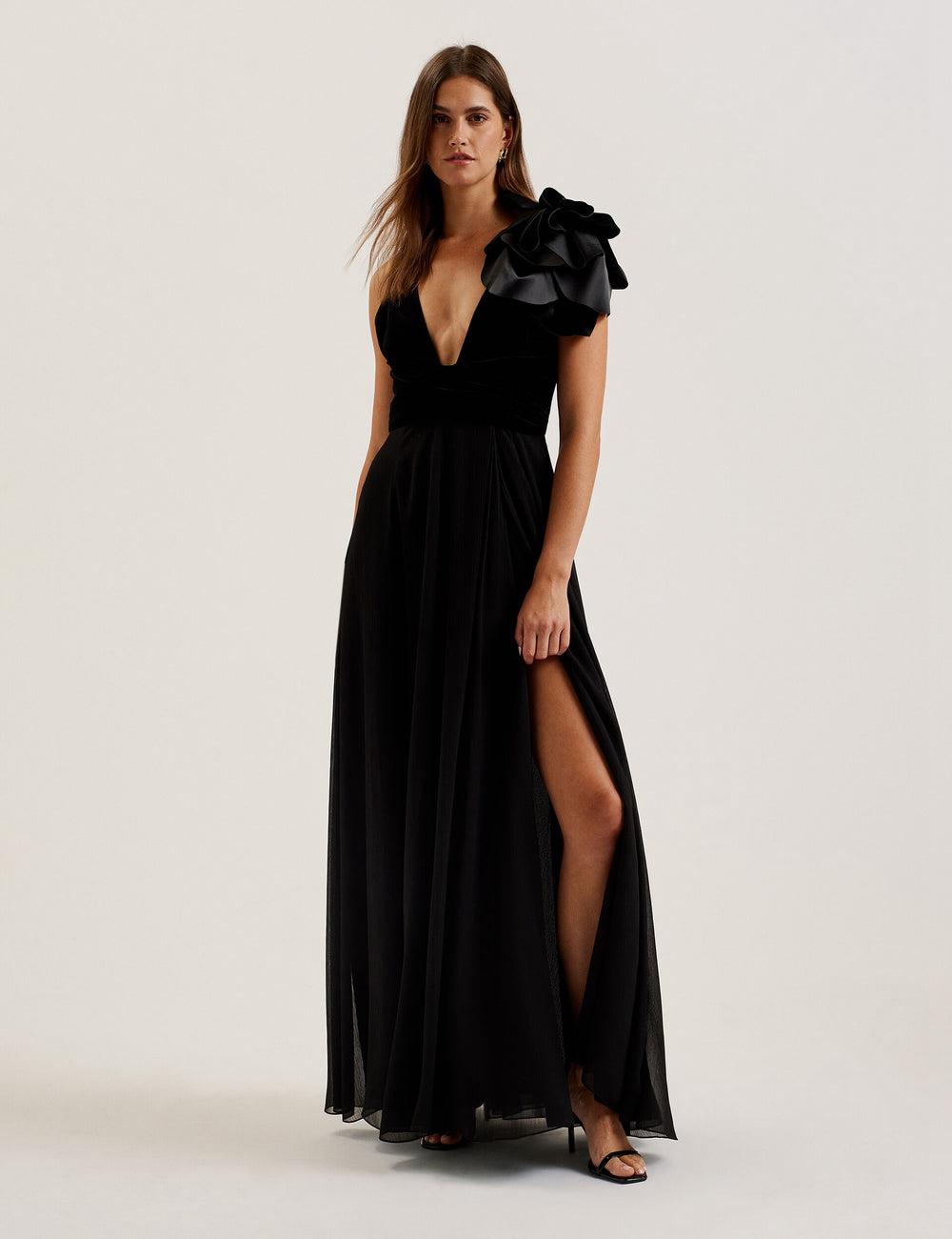 Black Ted Baker BEIRA - Corsage Plunge Neck Sleeveless Women Maxi Dresses | SG  6214-NWQSK