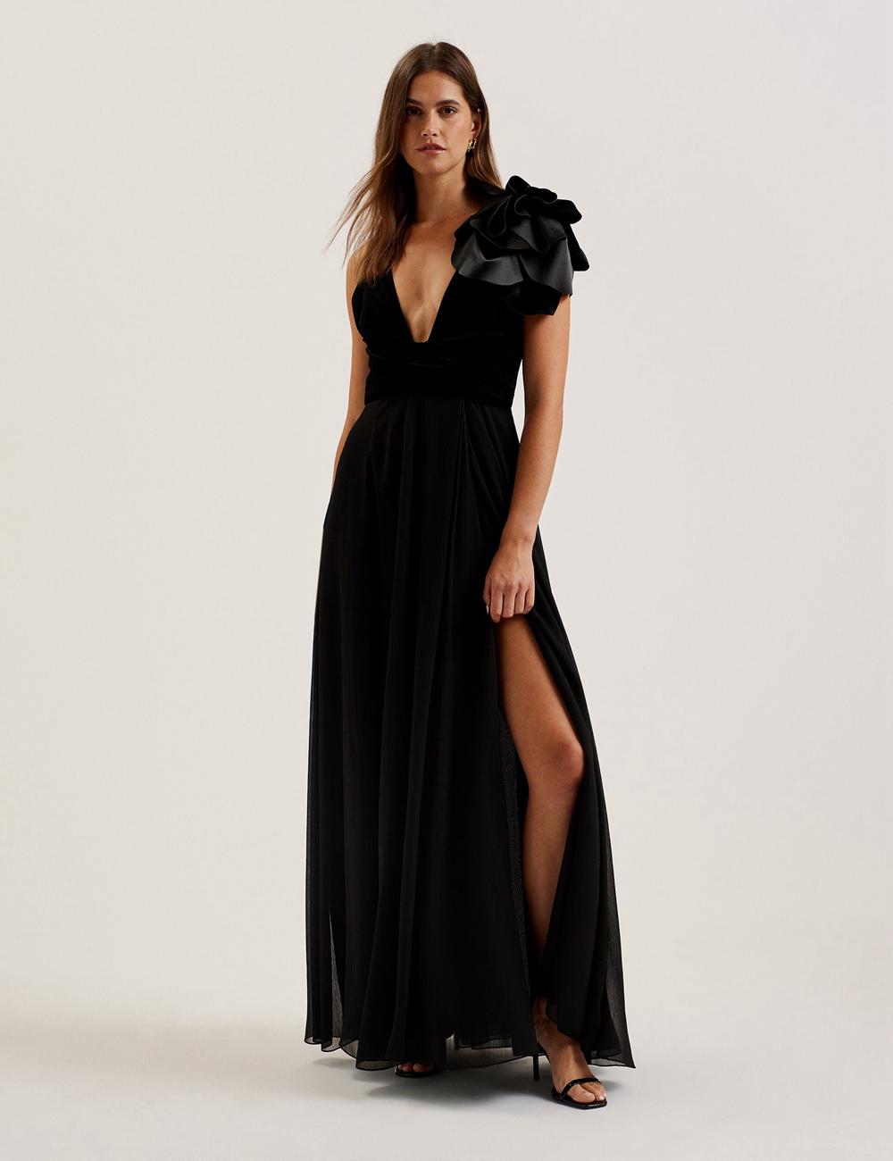 Black Ted Baker BEIRA - Corsage Plunge Neck Sleeveless Women Maxi Dresses | SG  6214-NWQSK