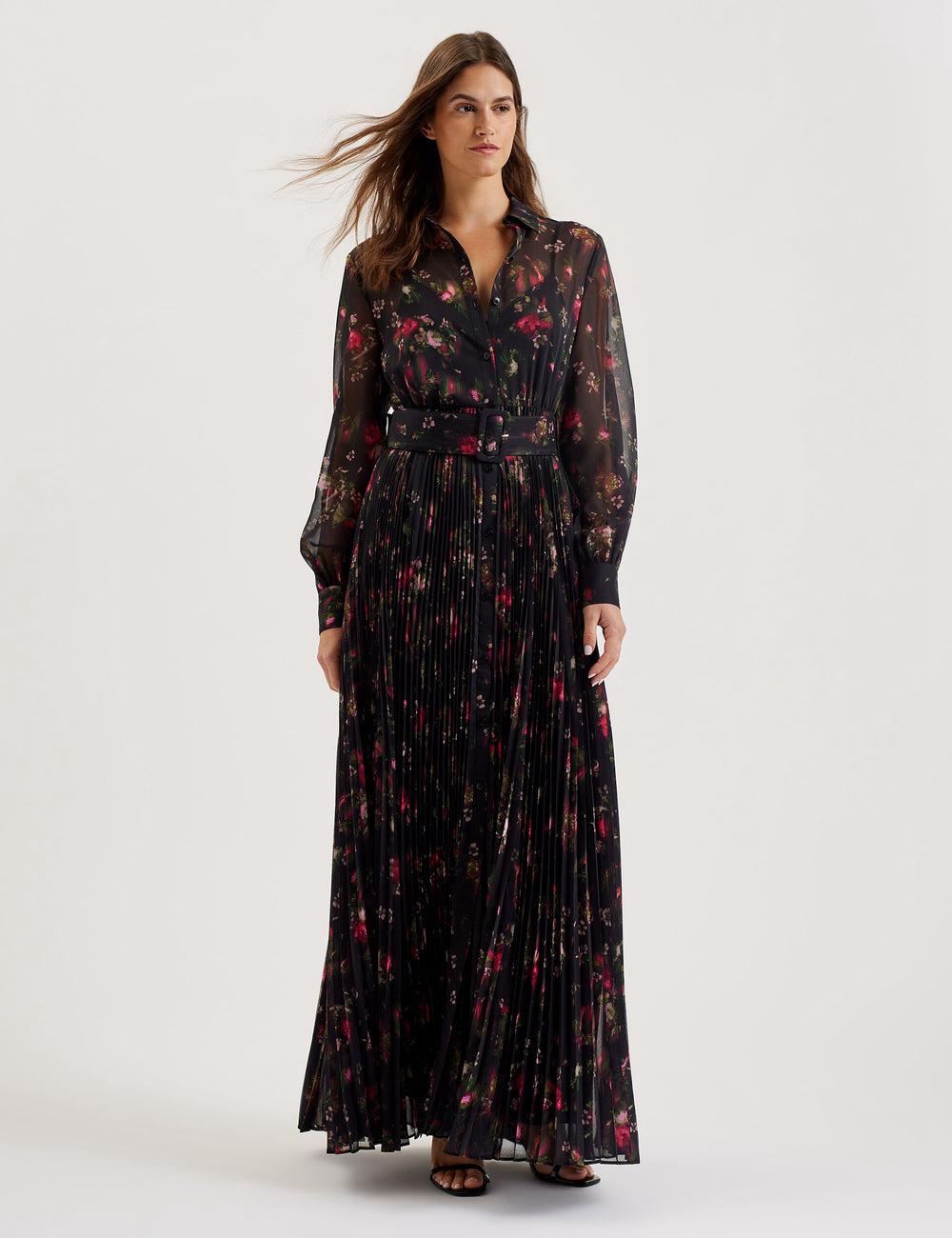 Black Ted Baker CEIBA - Floral Print Pleated Maxi Shirt Women Maxi Dresses | SG  4209-VSZHU