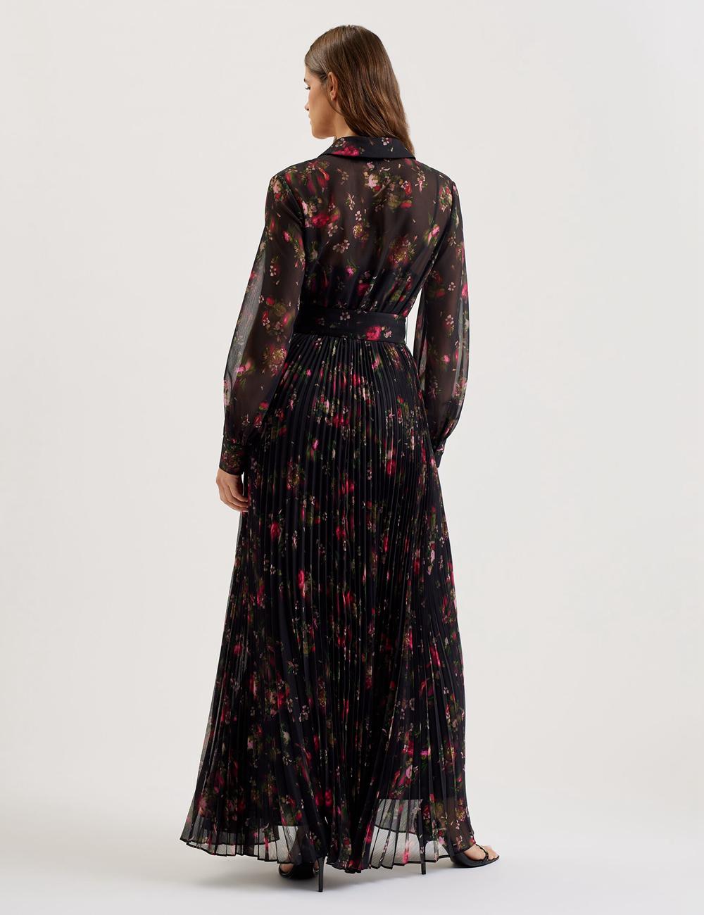 Black Ted Baker CEIBA - Floral Print Pleated Maxi Shirt Women Maxi Dresses | SG  4209-VSZHU