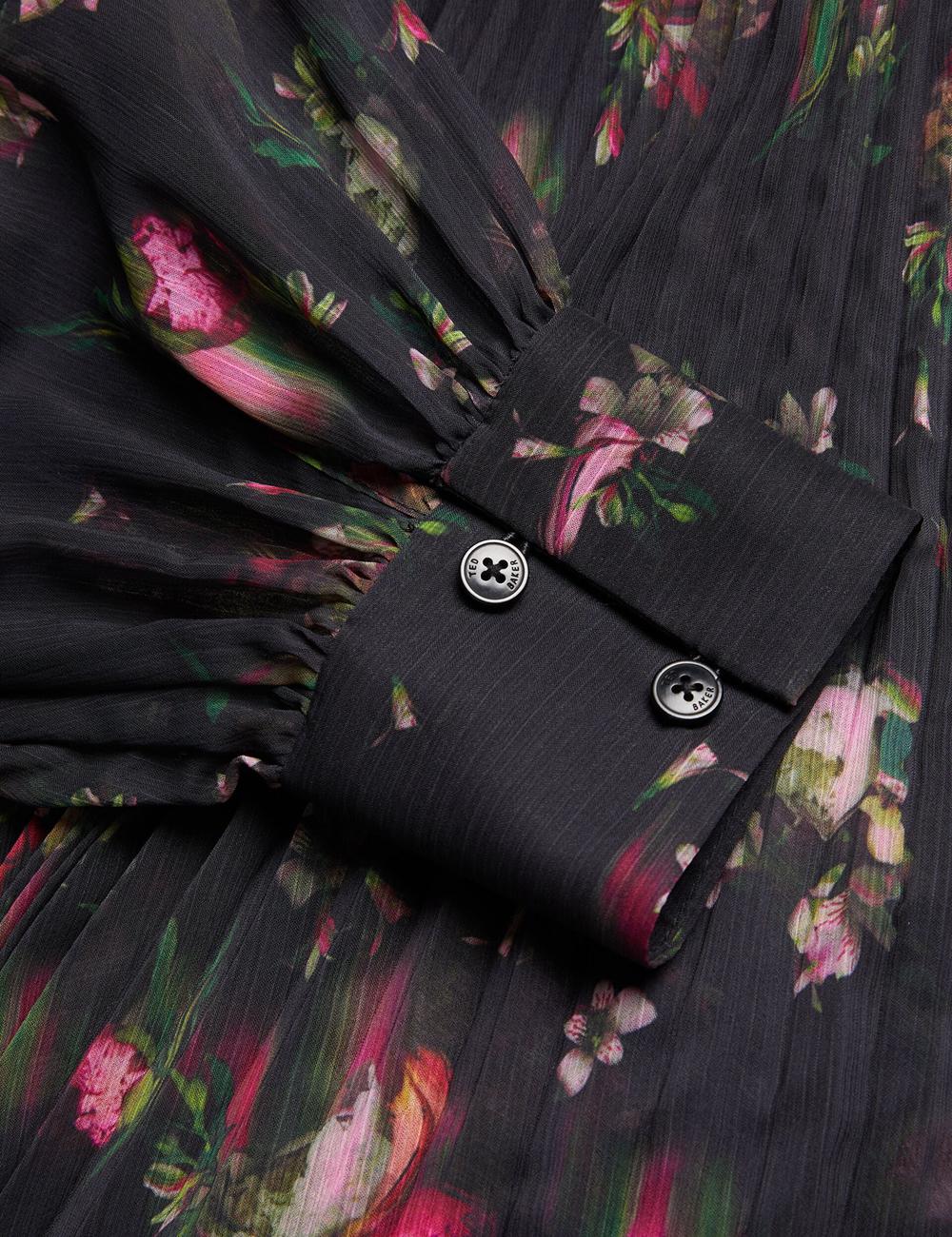 Black Ted Baker CEIBA - Floral Print Pleated Maxi Shirt Women Maxi Dresses | SG  4209-VSZHU