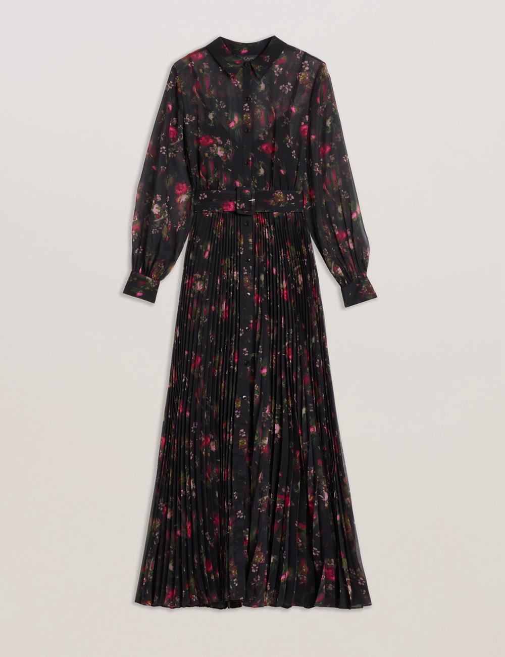 Black Ted Baker CEIBA - Floral Print Pleated Maxi Shirt Women Maxi Dresses | SG  4209-VSZHU