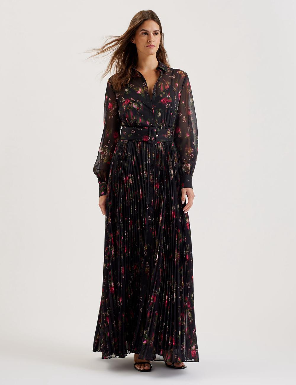 Black Ted Baker CEIBA - Floral Print Pleated Maxi Shirt Women Maxi Dresses | SG  4209-VSZHU