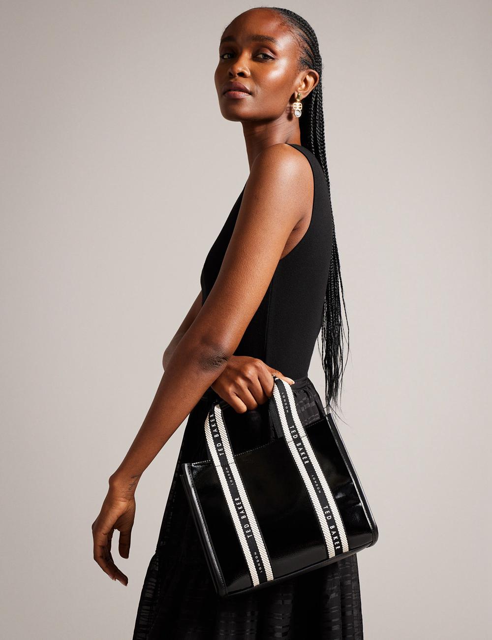 Black Ted Baker CELIANE - Branded Webbing Patent Small Women Tote Bags | SG  8532-BLQEY