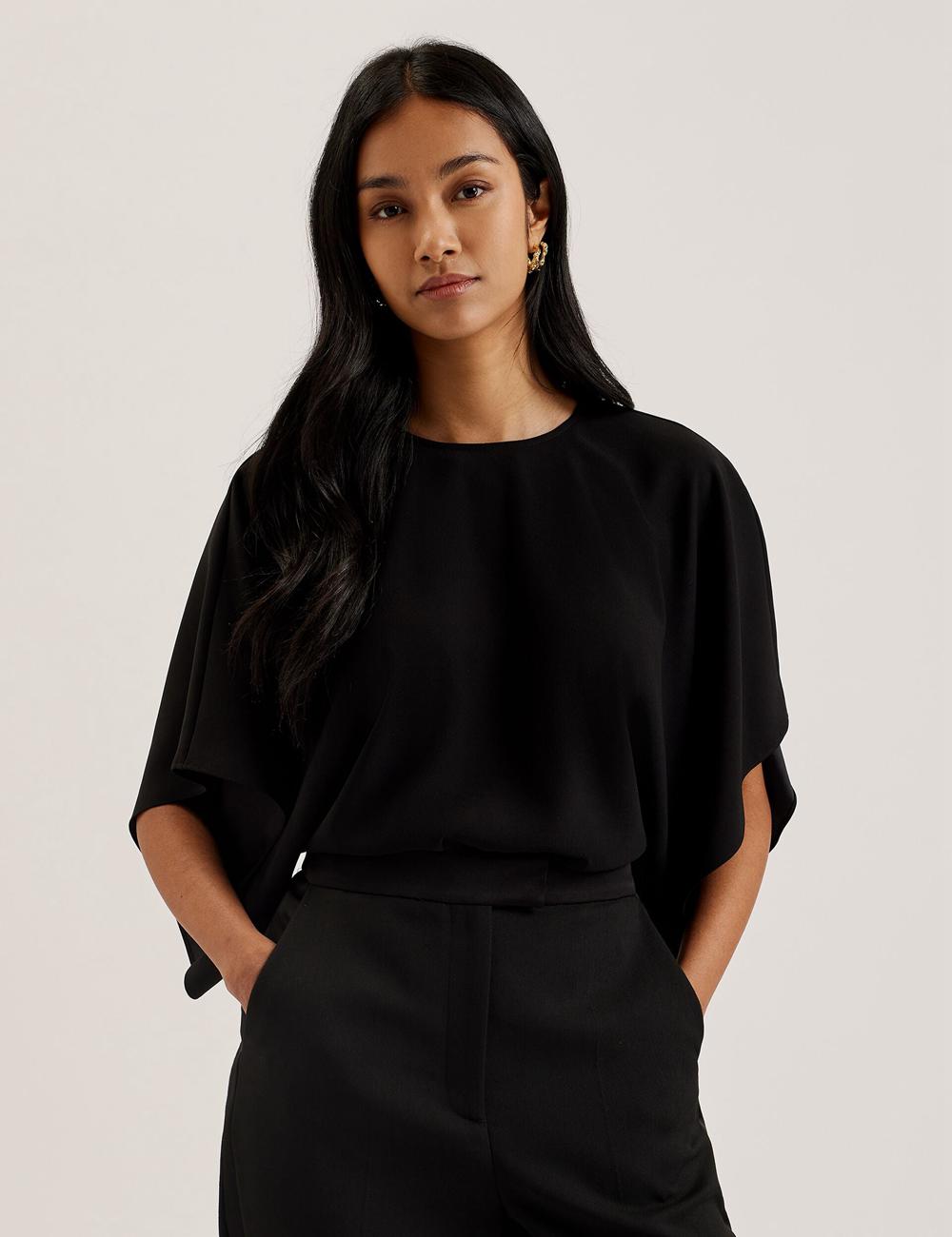 Black Ted Baker CHERIKA - Batwing Short Sleeve Satin Women Blouses | SG  1645-TDSHP