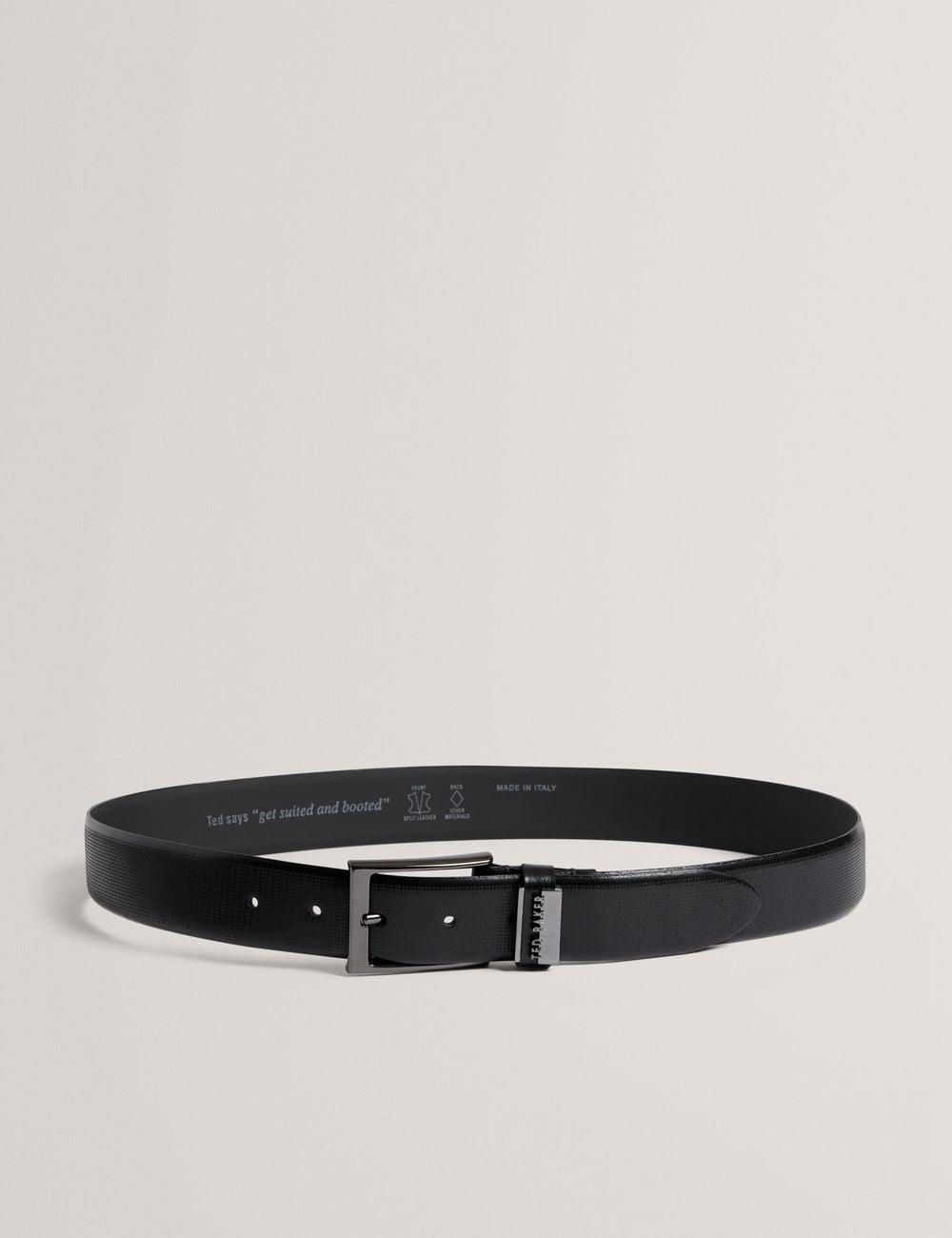 Black Ted Baker DAWSONS - Textured T Pattern Leather Men Belts | SG  6427-RLFZN