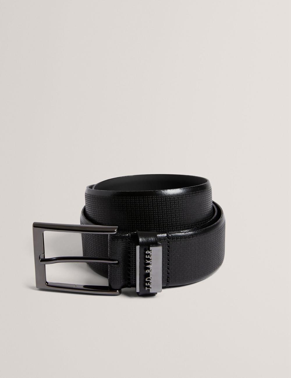 Black Ted Baker DAWSONS - Textured T Pattern Leather Men Belts | SG  6427-RLFZN