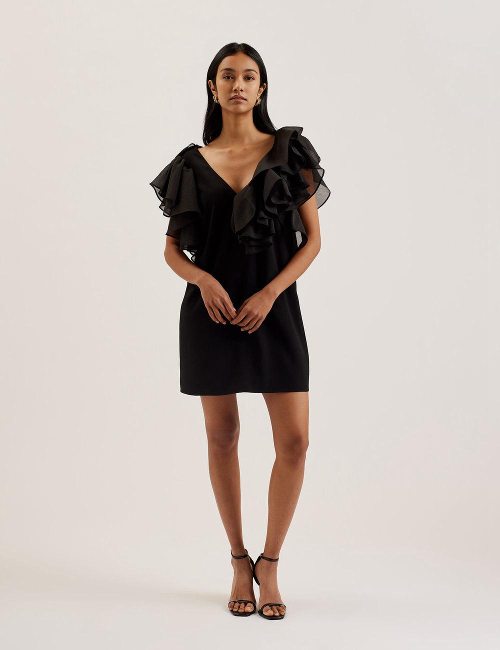 Black Ted Baker ELQUI - Oversized Ruffle Trim V-Neck Women Mini Dresses | SG  1964-QNHUP