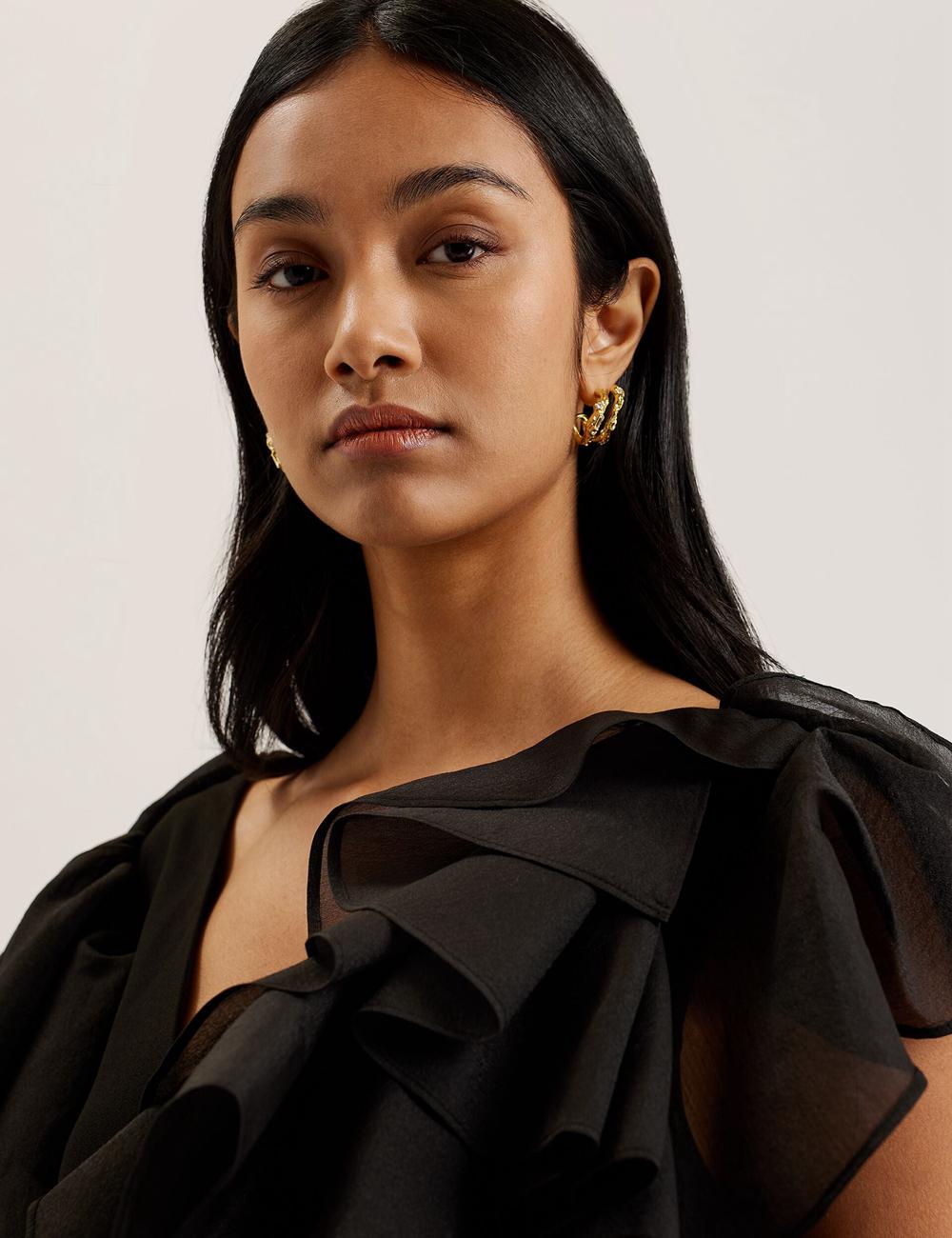 Black Ted Baker ELQUI - Oversized Ruffle Trim V-Neck Women Mini Dresses | SG  1964-QNHUP