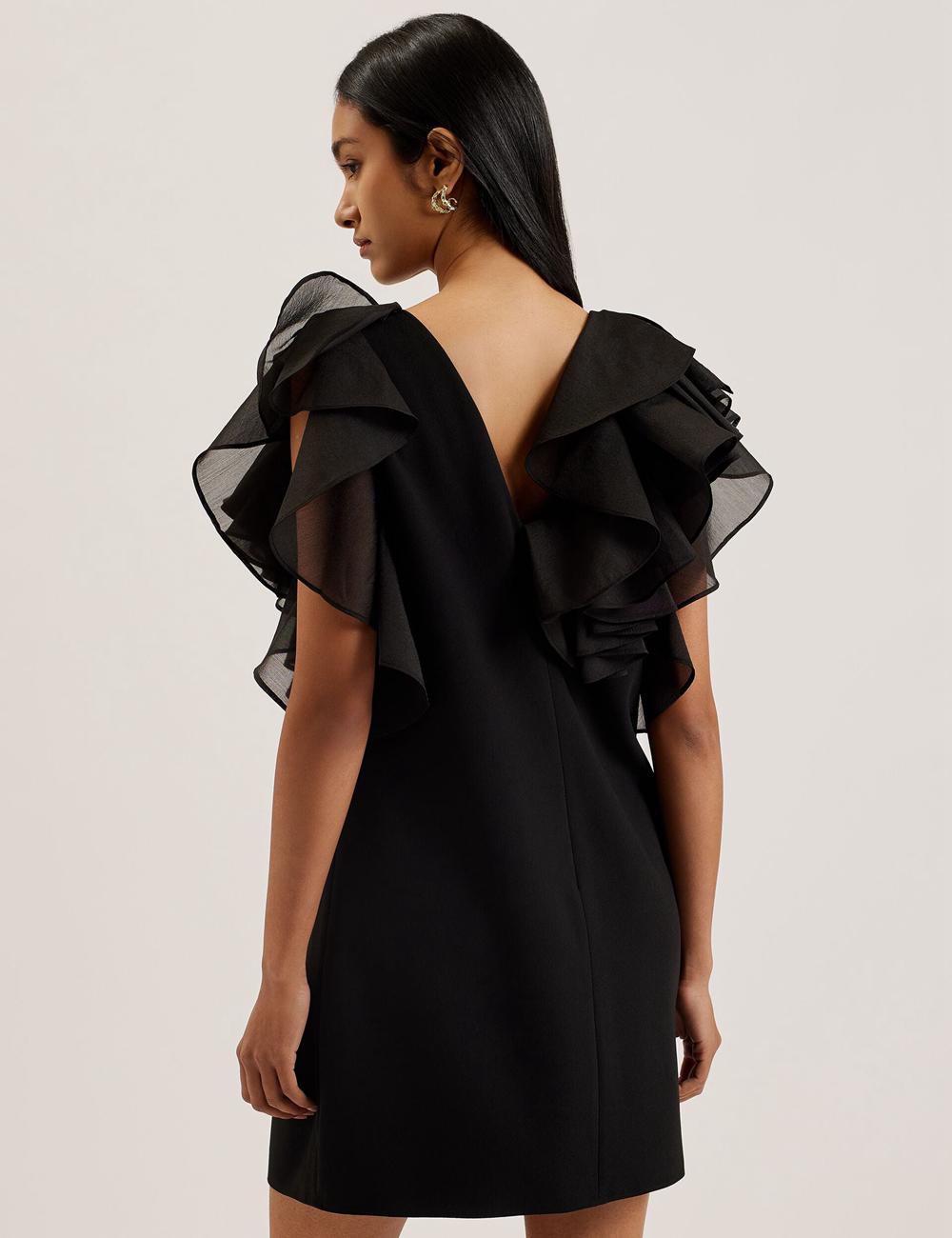 Black Ted Baker ELQUI - Oversized Ruffle Trim V-Neck Women Mini Dresses | SG  1964-QNHUP