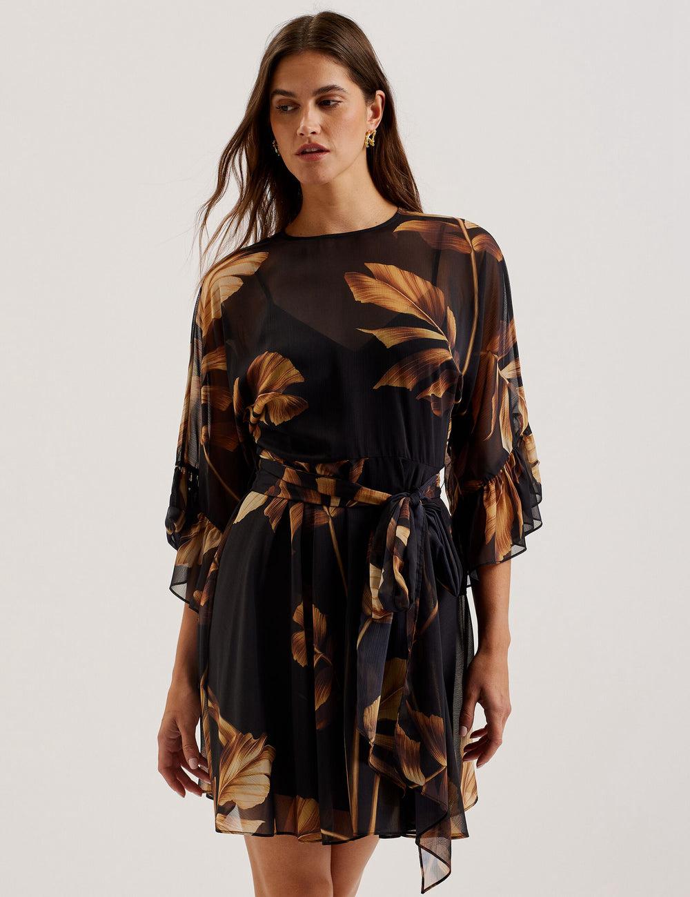 Black Ted Baker ELSTER - Printed Chiffon With Waist Women Mini Dresses | SG  5904-NJGXF