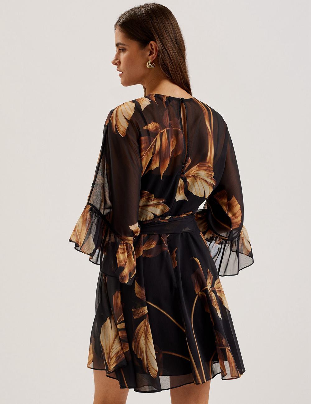 Black Ted Baker ELSTER - Printed Chiffon With Waist Women Mini Dresses | SG  5904-NJGXF