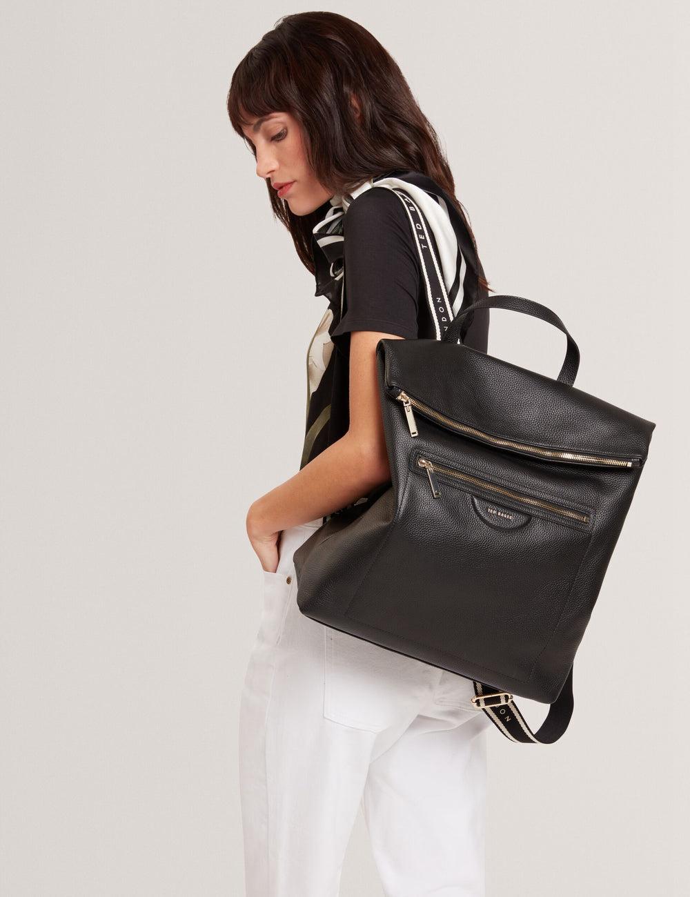 Black Ted Baker ESSAYA - Leather Webbing Strap Fold Over Women Backpacks | SG  2064-VOECK