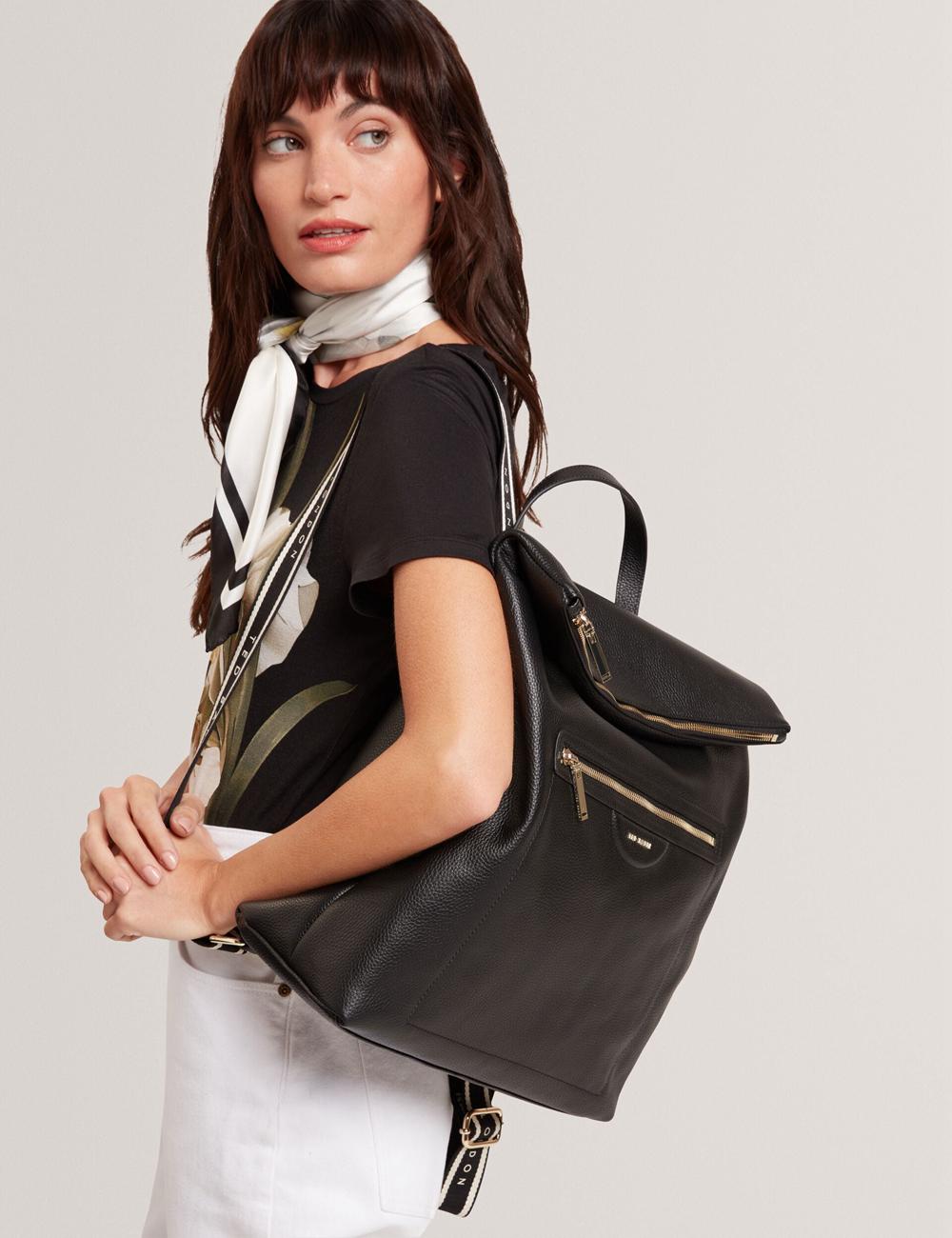 Black Ted Baker ESSAYA - Leather Webbing Strap Fold Over Women Backpacks | SG  2064-VOECK