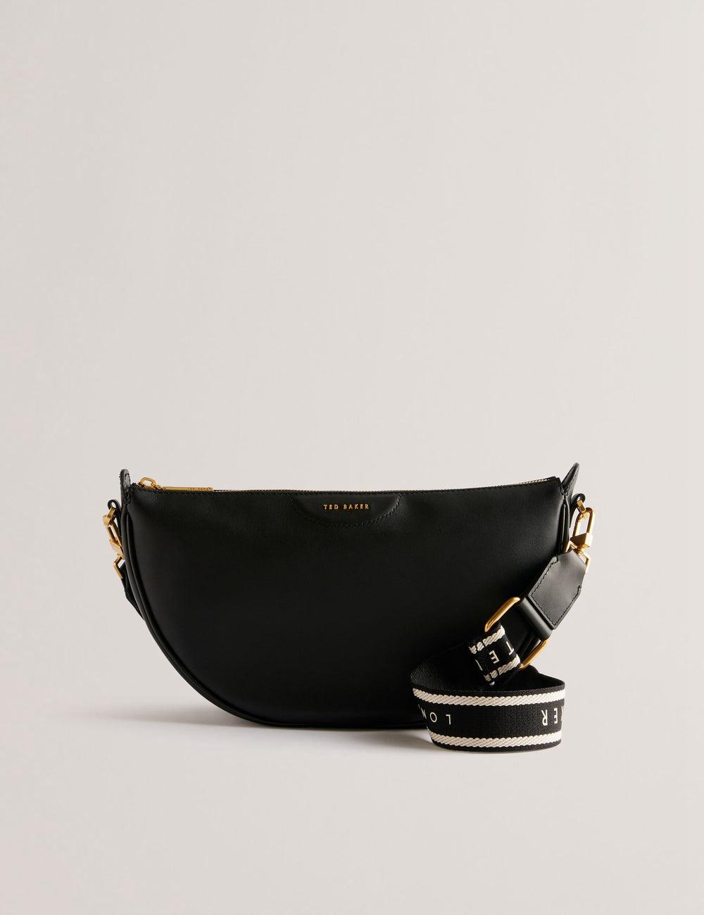 Black Ted Baker ESSINA - Webbing Half Moon Leather Women Crossbody Bags | SG  9601-CDYIR
