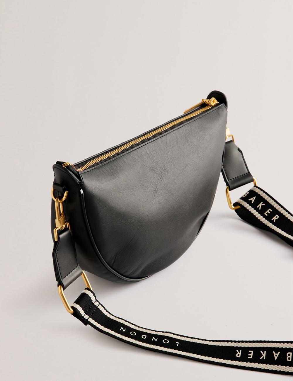 Black Ted Baker ESSINA - Webbing Half Moon Leather Women Crossbody Bags | SG  9601-CDYIR