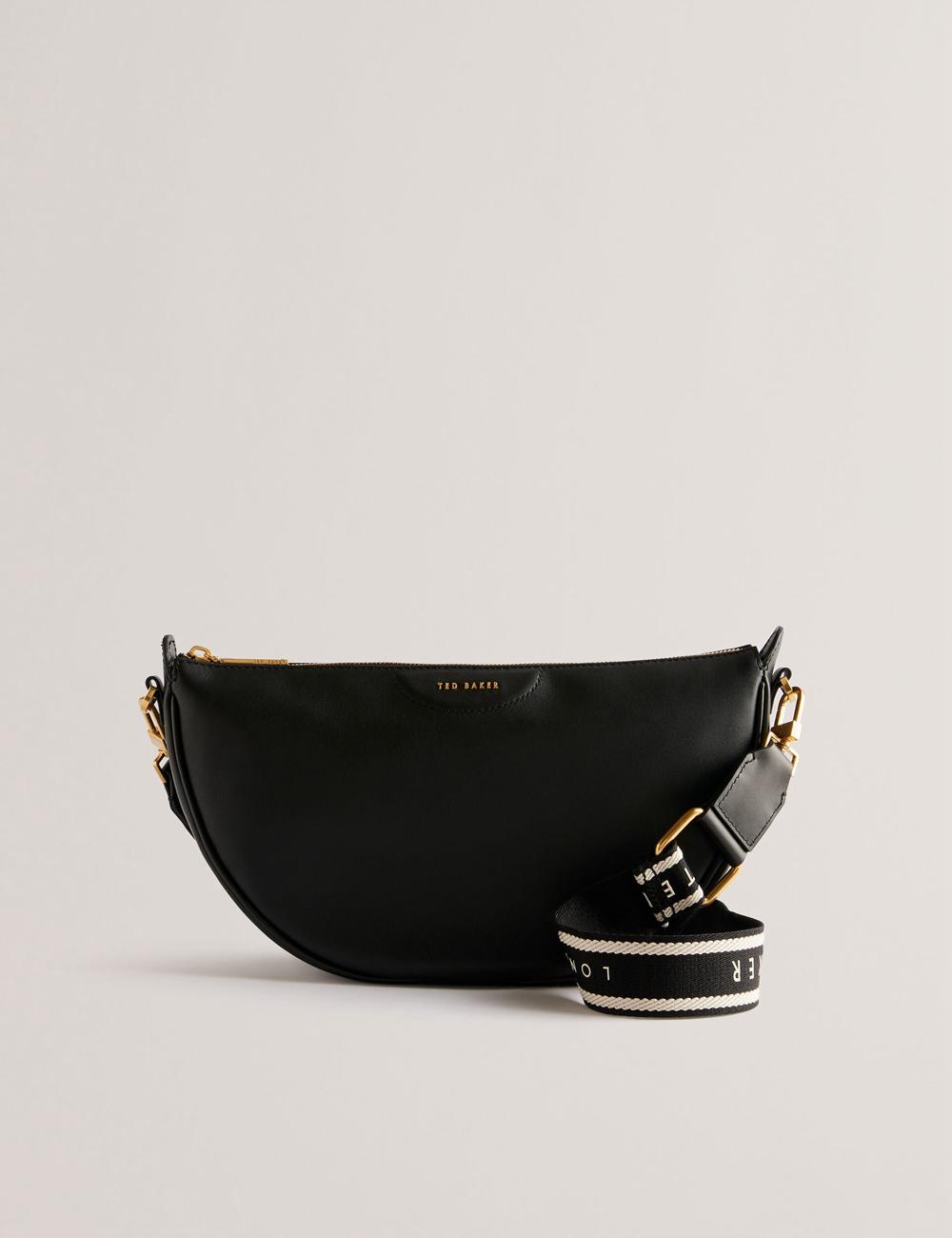 Black Ted Baker ESSINA - Webbing Half Moon Leather Women Crossbody Bags | SG  9601-CDYIR