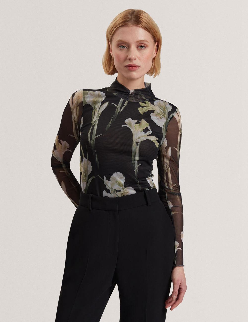 Black Ted Baker FIAAHH - Floral Print High Neck Sheer Mesh Women Tops | SG  3146-WOIHX