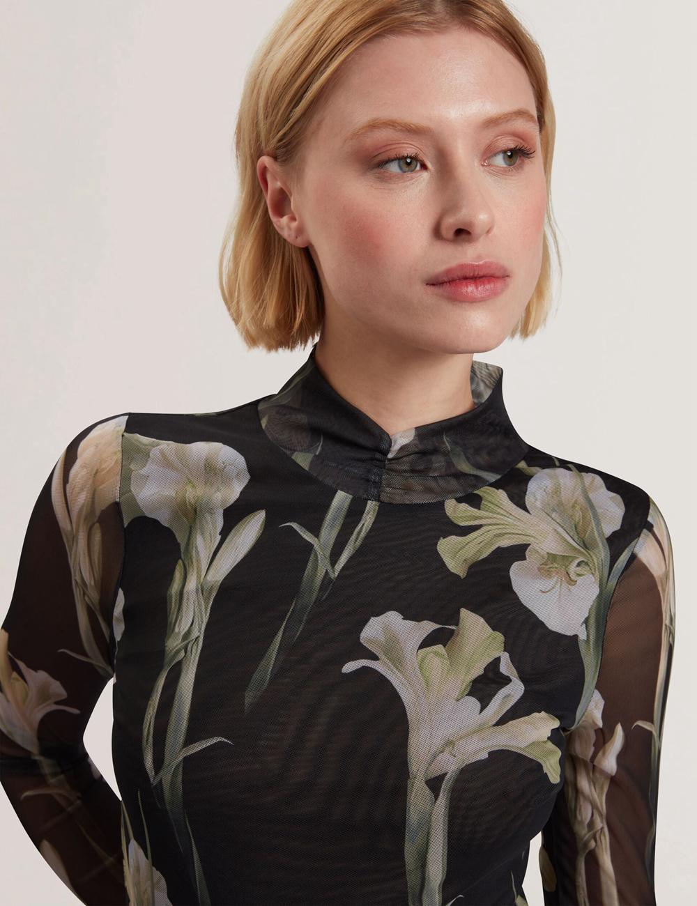 Black Ted Baker FIAAHH - Floral Print High Neck Sheer Mesh Women Tops | SG  3146-WOIHX