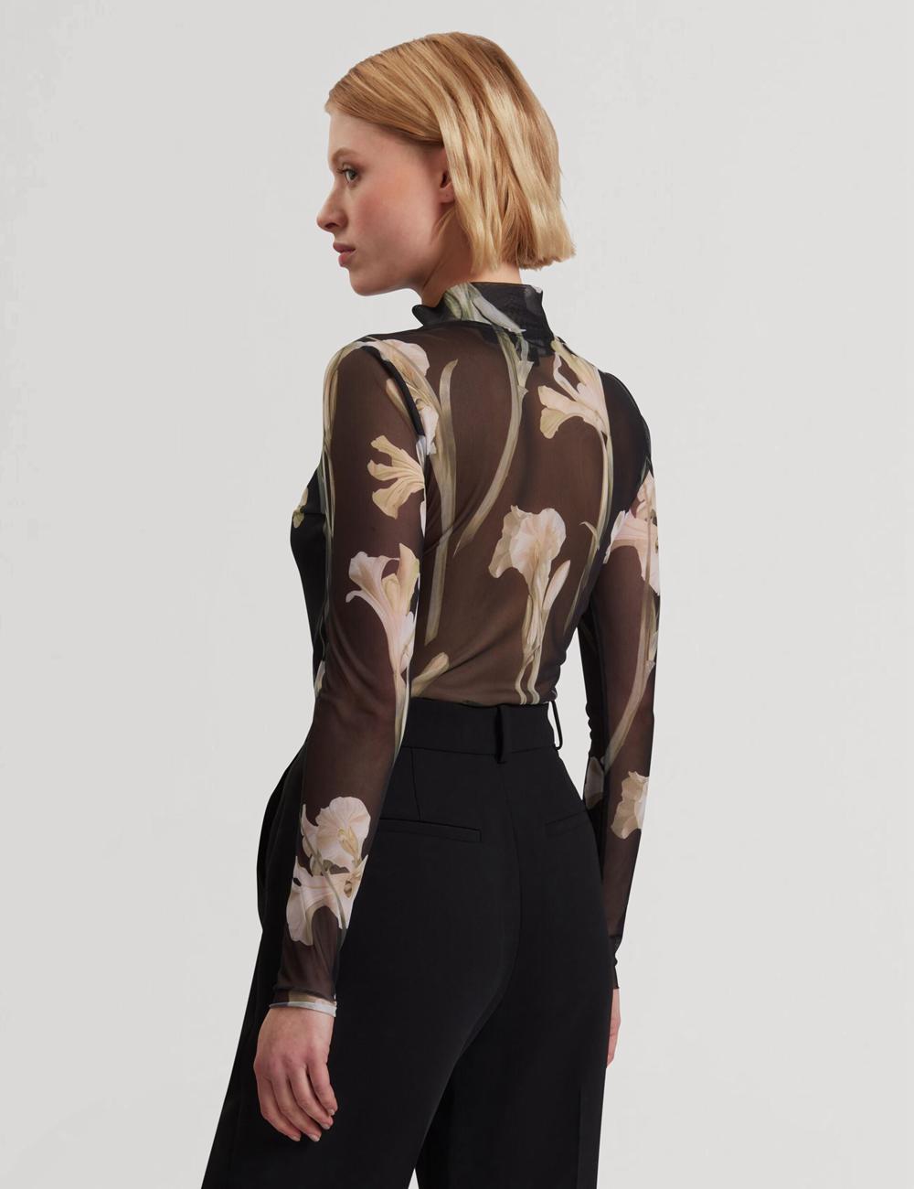 Black Ted Baker FIAAHH - Floral Print High Neck Sheer Mesh Women Tops | SG  3146-WOIHX