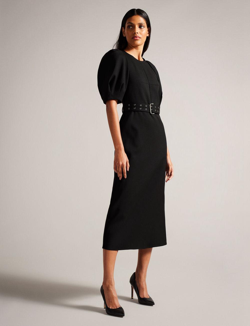 Black Ted Baker GABYELA - Structured Puff Sleeve With Belt Women Midi Dresses | SG  3958-EXWTR