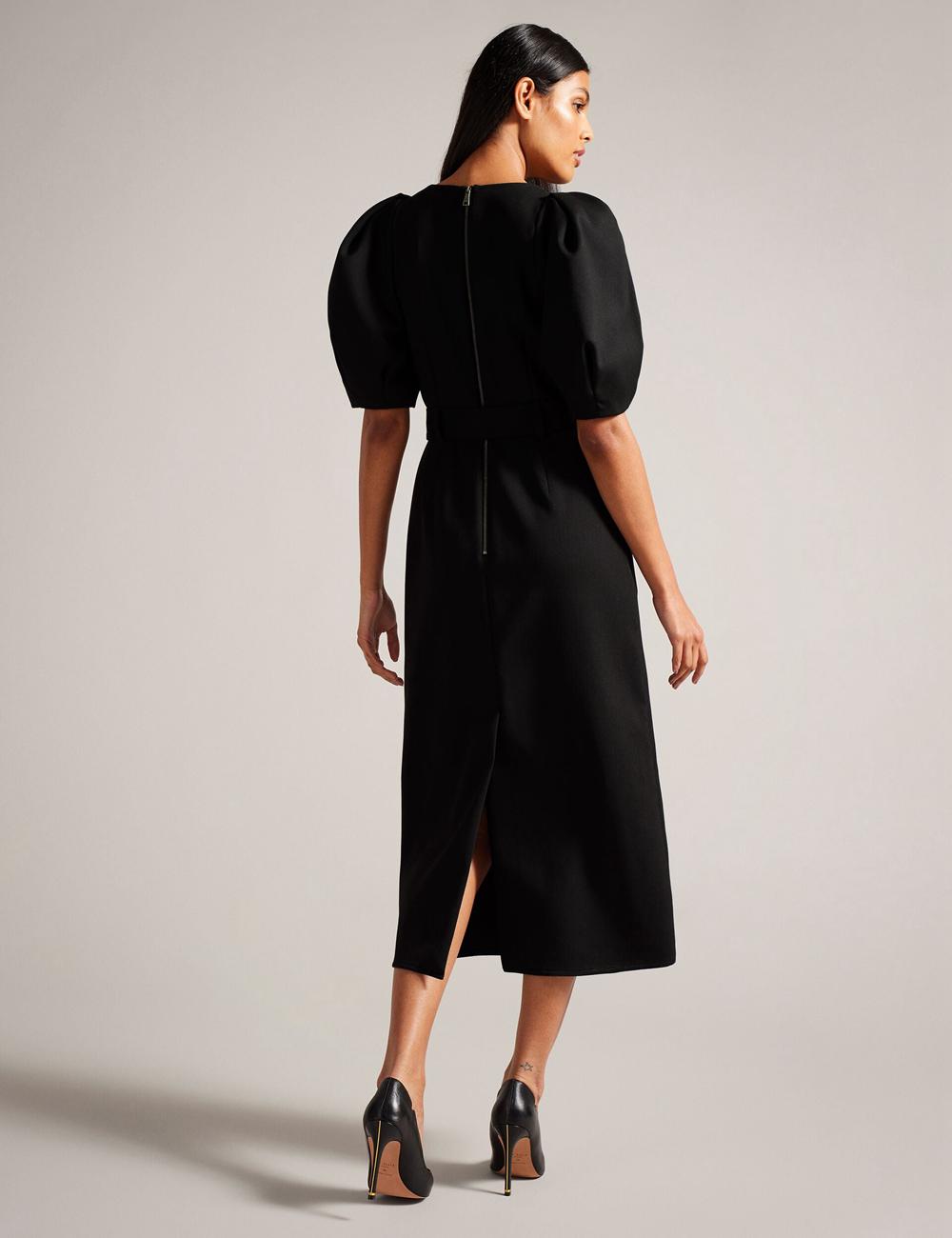 Black Ted Baker GABYELA - Structured Puff Sleeve With Belt Women Midi Dresses | SG  3958-EXWTR