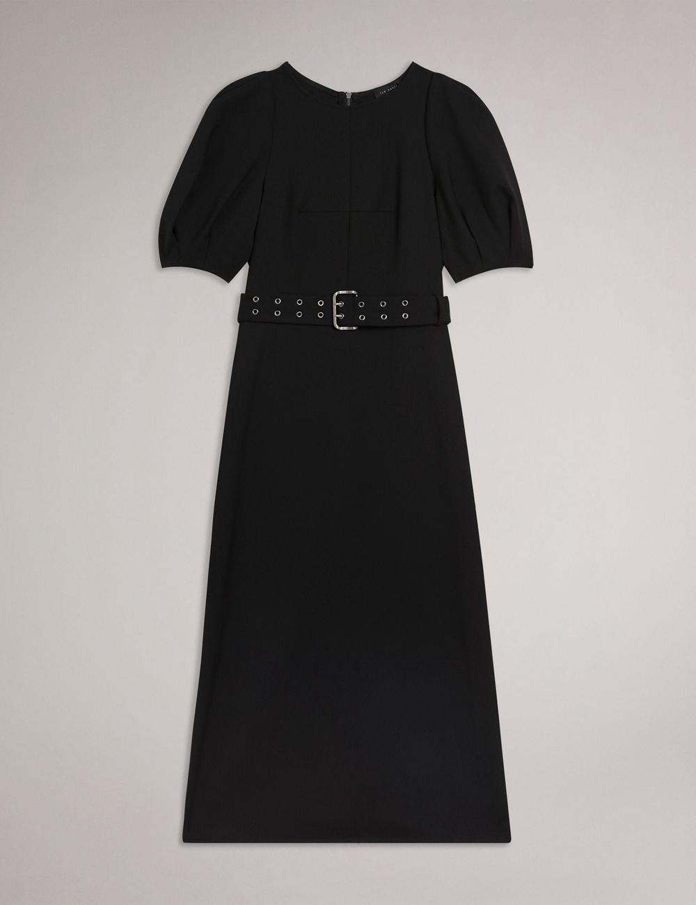 Black Ted Baker GABYELA - Structured Puff Sleeve With Belt Women Midi Dresses | SG  3958-EXWTR