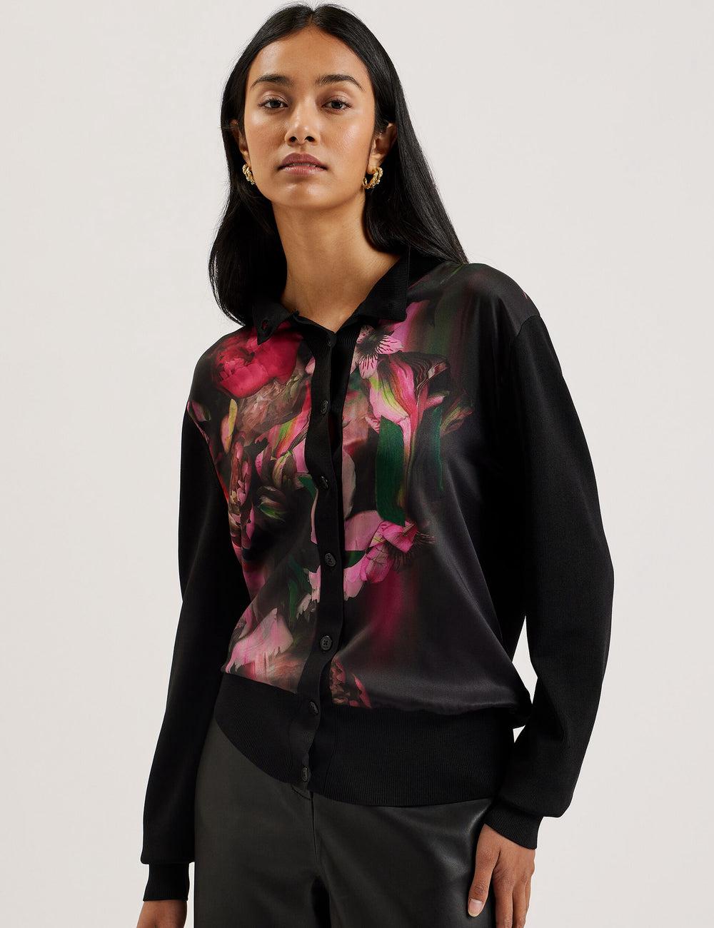 Black Ted Baker GEMHAA - Printed Panel Long Sleeve Women Cardigans | SG  1974-DUCAR