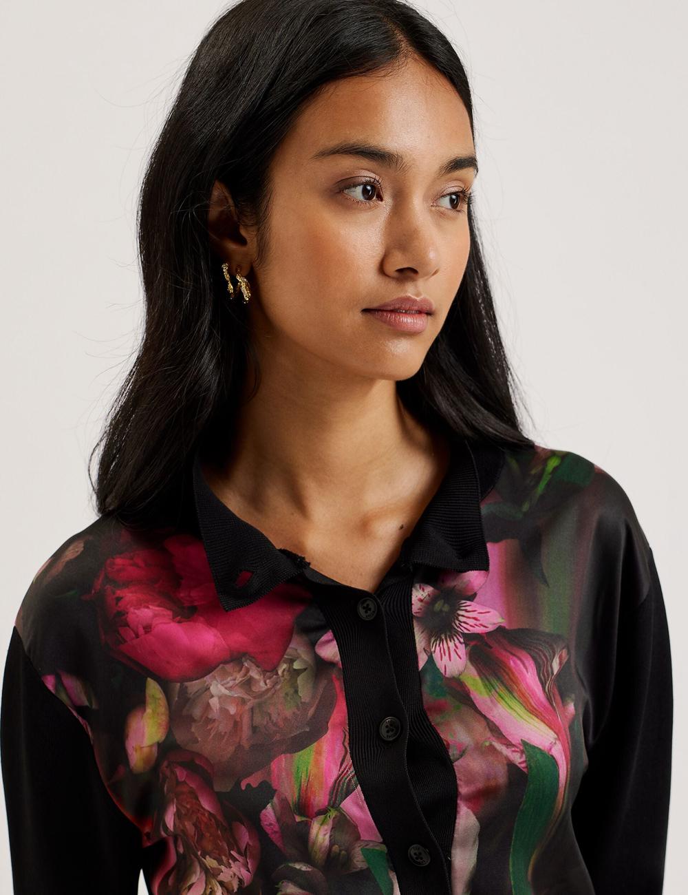 Black Ted Baker GEMHAA - Printed Panel Long Sleeve Women Cardigans | SG  1974-DUCAR
