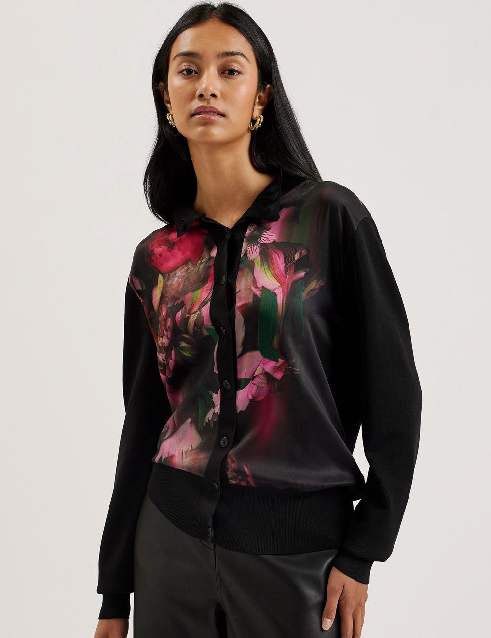 Black Ted Baker GEMHAA - Printed Panel Long Sleeve Women Cardigans | SG  1974-DUCAR