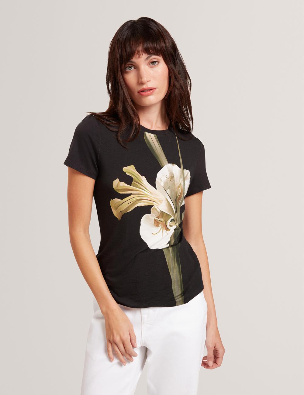 Black Ted Baker GORGAA - Floral Graphic Fitted Short Sleeve Women T-Shirts | SG  4726-JXTIK