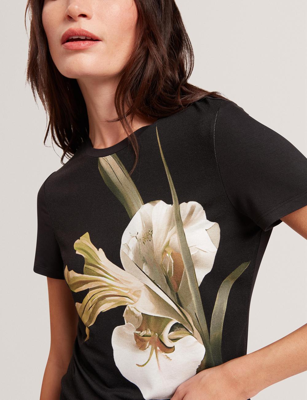 Black Ted Baker GORGAA - Floral Graphic Fitted Short Sleeve Women T-Shirts | SG  4726-JXTIK