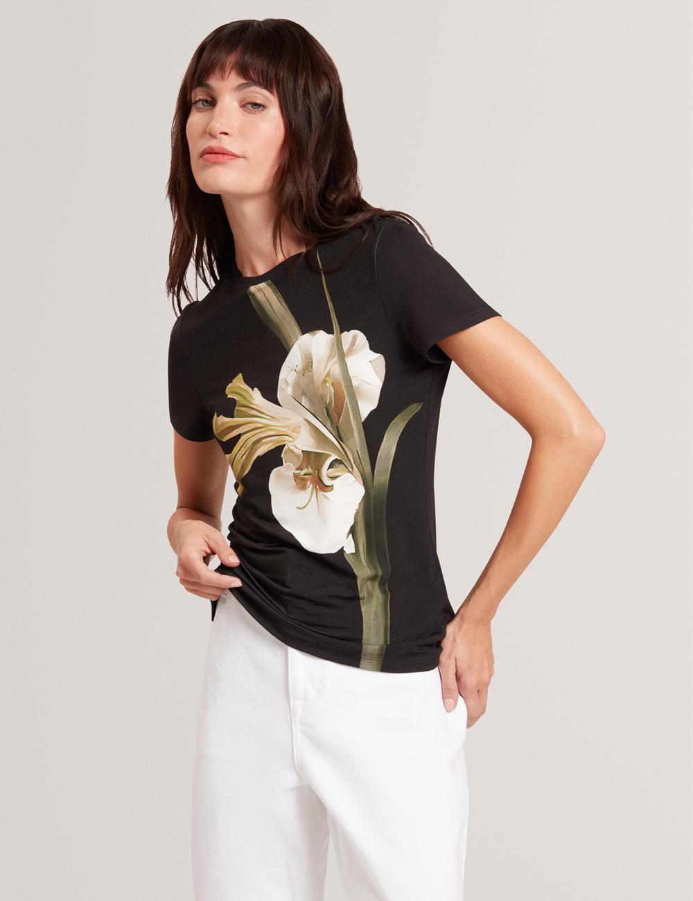 Black Ted Baker GORGAA - Floral Graphic Fitted Short Sleeve Women T-Shirts | SG  4726-JXTIK
