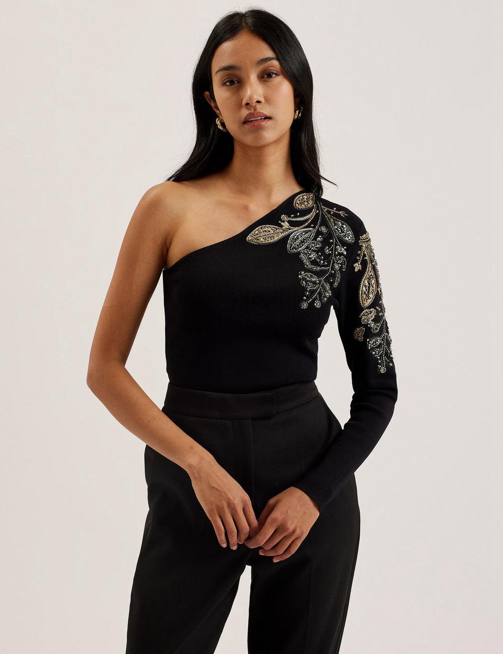 Black Ted Baker HEATHRR - One Shoulder Embellished Detail Women Tops | SG  6281-NUMXI